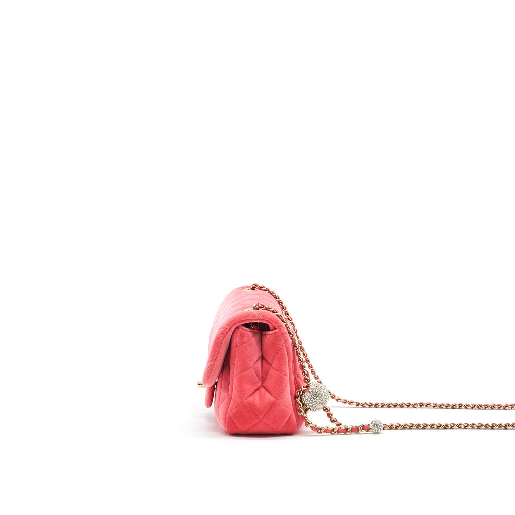CHANEL VELVET QUILTED MINI SQUARE PEARL CRUSH FLAP BAG PINK