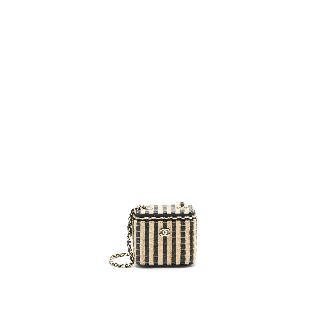 CHANEL SMALL VANITY WITH CHAIN RAFFIA BLACK BEIGE STRIPE