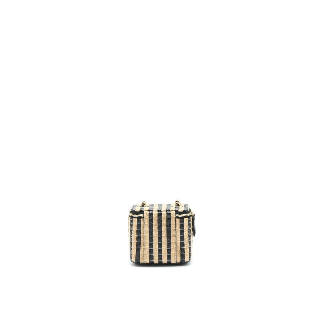 CHANEL SMALL VANITY WITH CHAIN RAFFIA BLACK BEIGE STRIPE