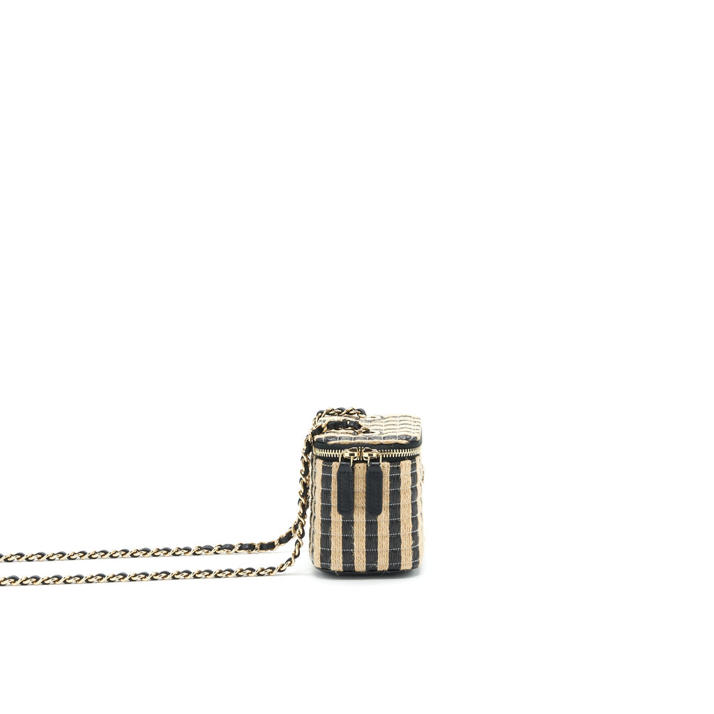 CHANEL SMALL VANITY WITH CHAIN RAFFIA BLACK BEIGE STRIPE