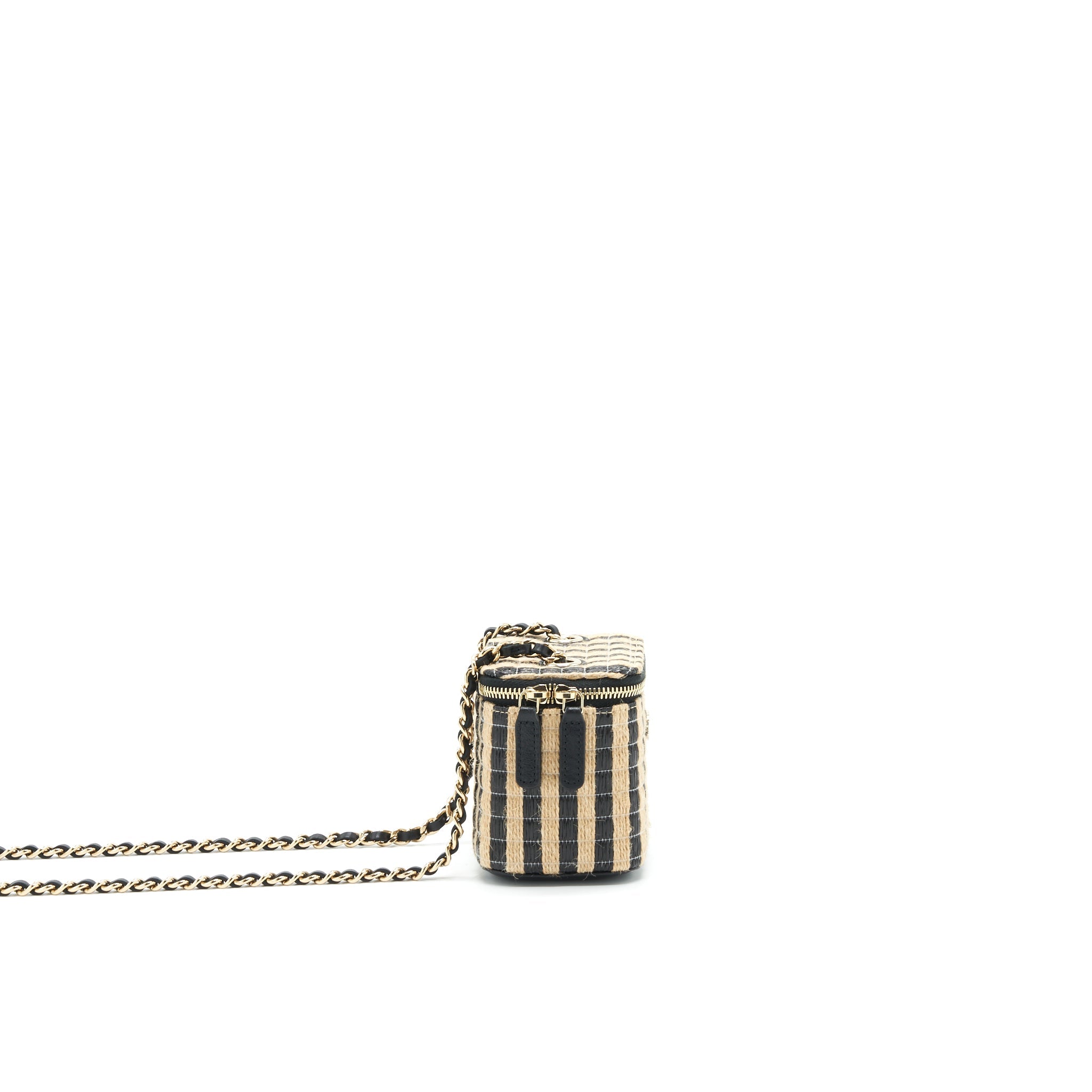 CHANEL SMALL VANITY WITH CHAIN RAFFIA BLACK BEIGE STRIPE