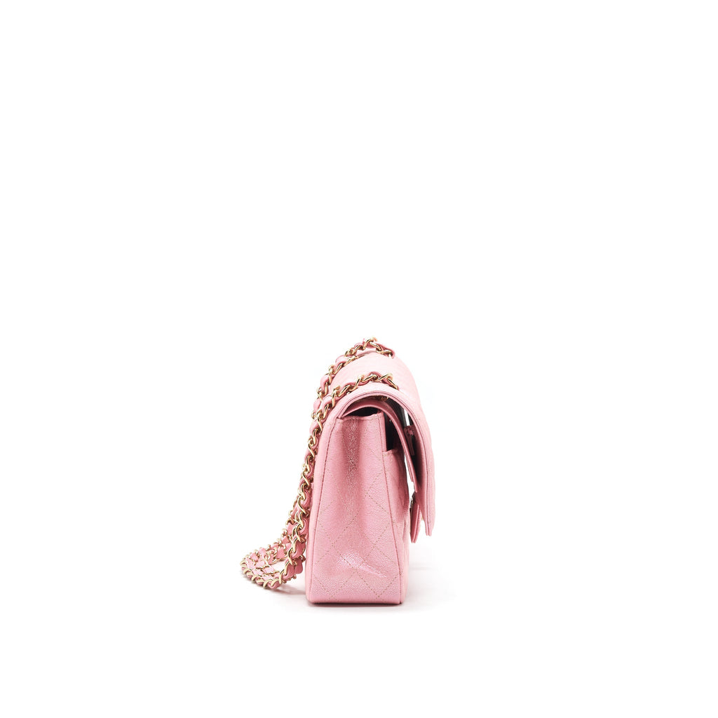 CHANEL IRIDESCENT PEARLY PINK MEDIUM CLASSIC DOUBLE FLAP BAG CAVIAR WITH LGHW