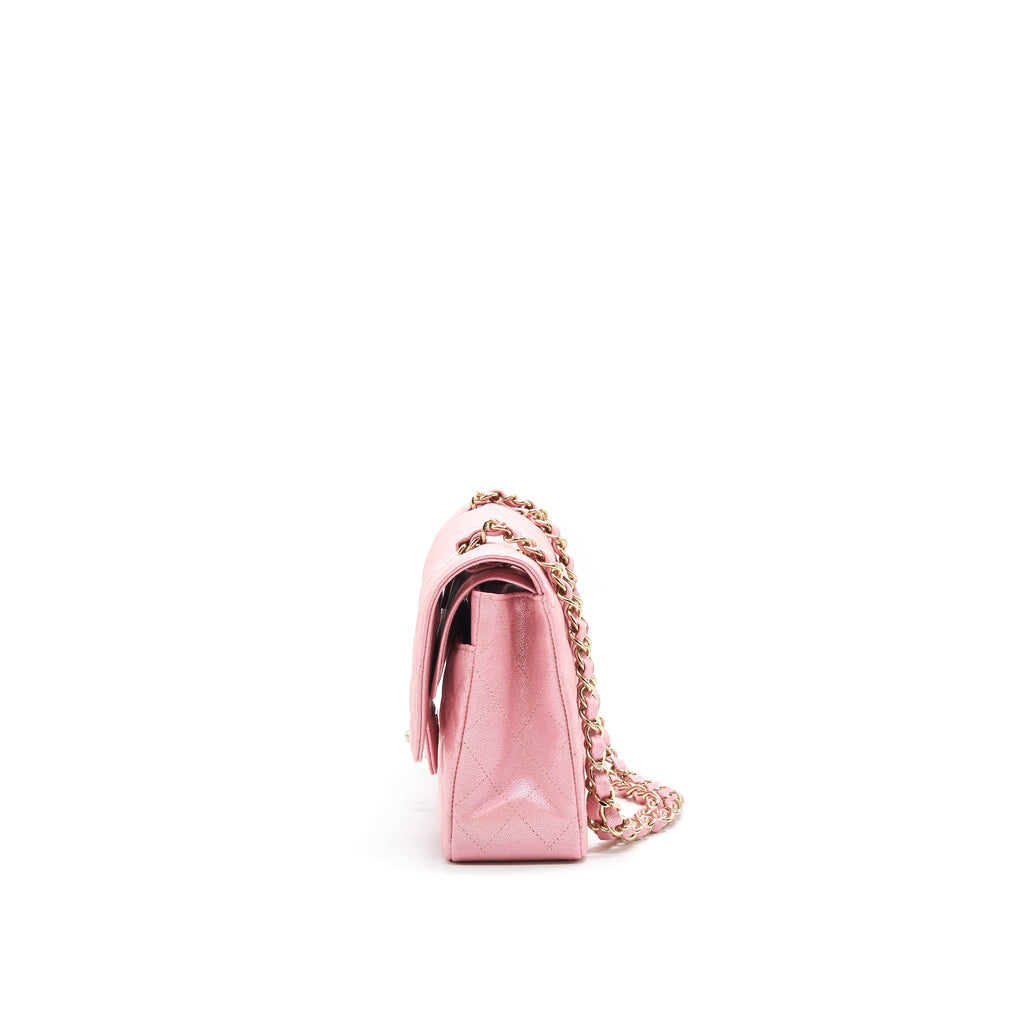 CHANEL IRIDESCENT PEARLY PINK MEDIUM CLASSIC DOUBLE FLAP BAG CAVIAR WITH LGHW