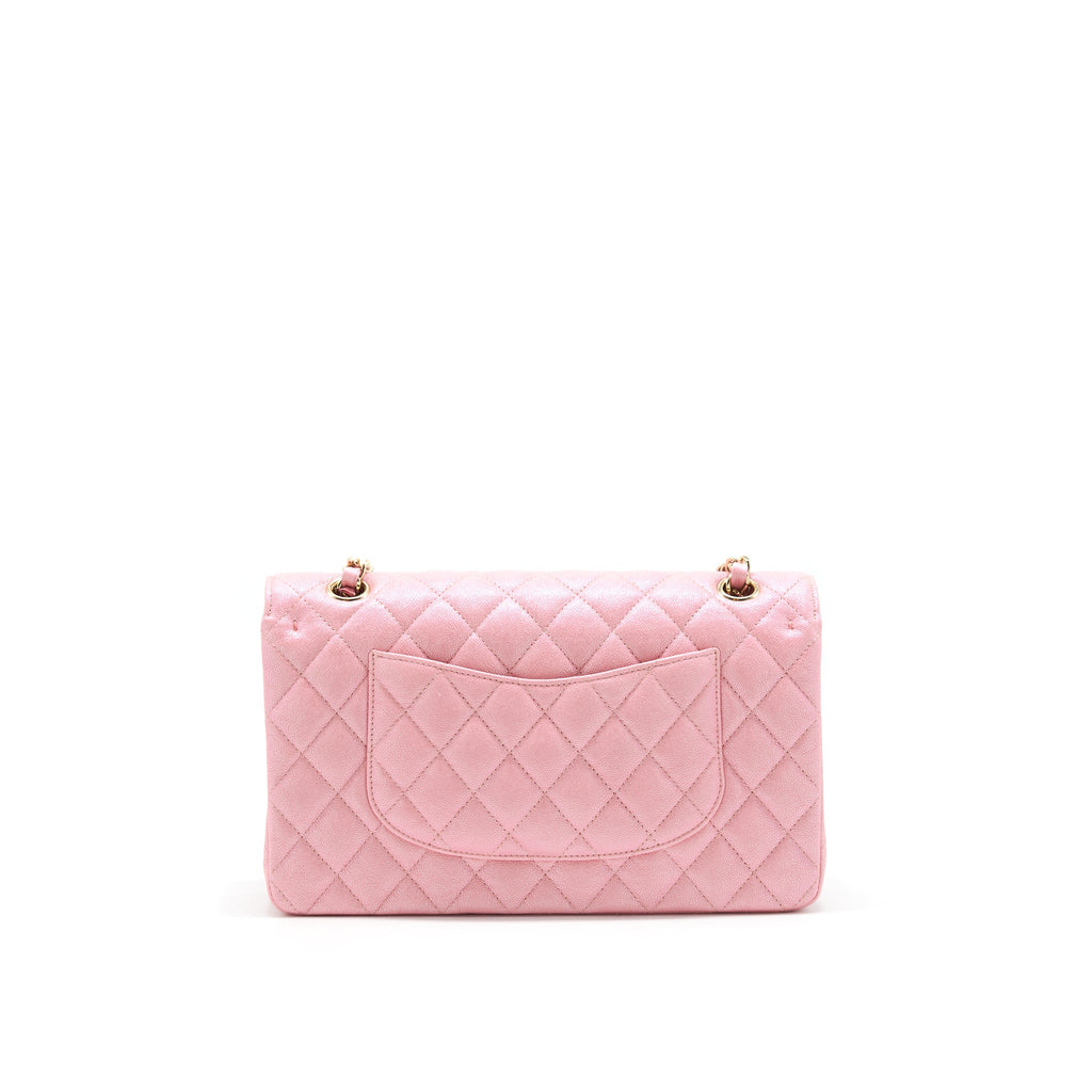 CHANEL IRIDESCENT PEARLY PINK MEDIUM CLASSIC DOUBLE FLAP BAG CAVIAR WITH LGHW