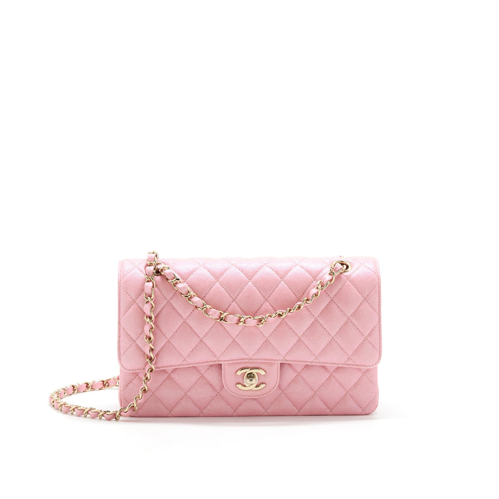CHANEL IRIDESCENT PEARLY PINK MEDIUM CLASSIC DOUBLE FLAP BAG CAVIAR WITH LGHW