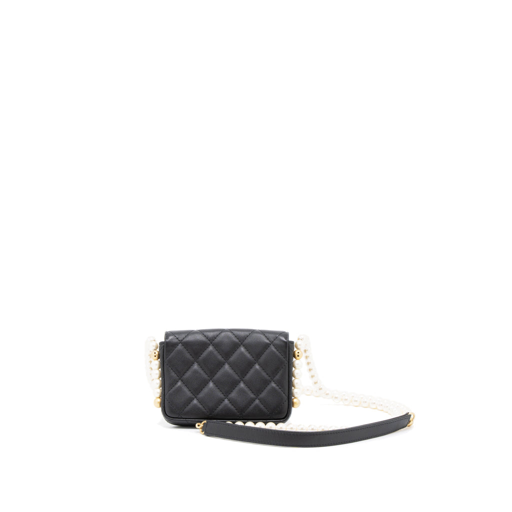 CHANEL PEARL CHAIN MINI FLAP BAG LAMBSKIN BLACK BRUSHED GHW