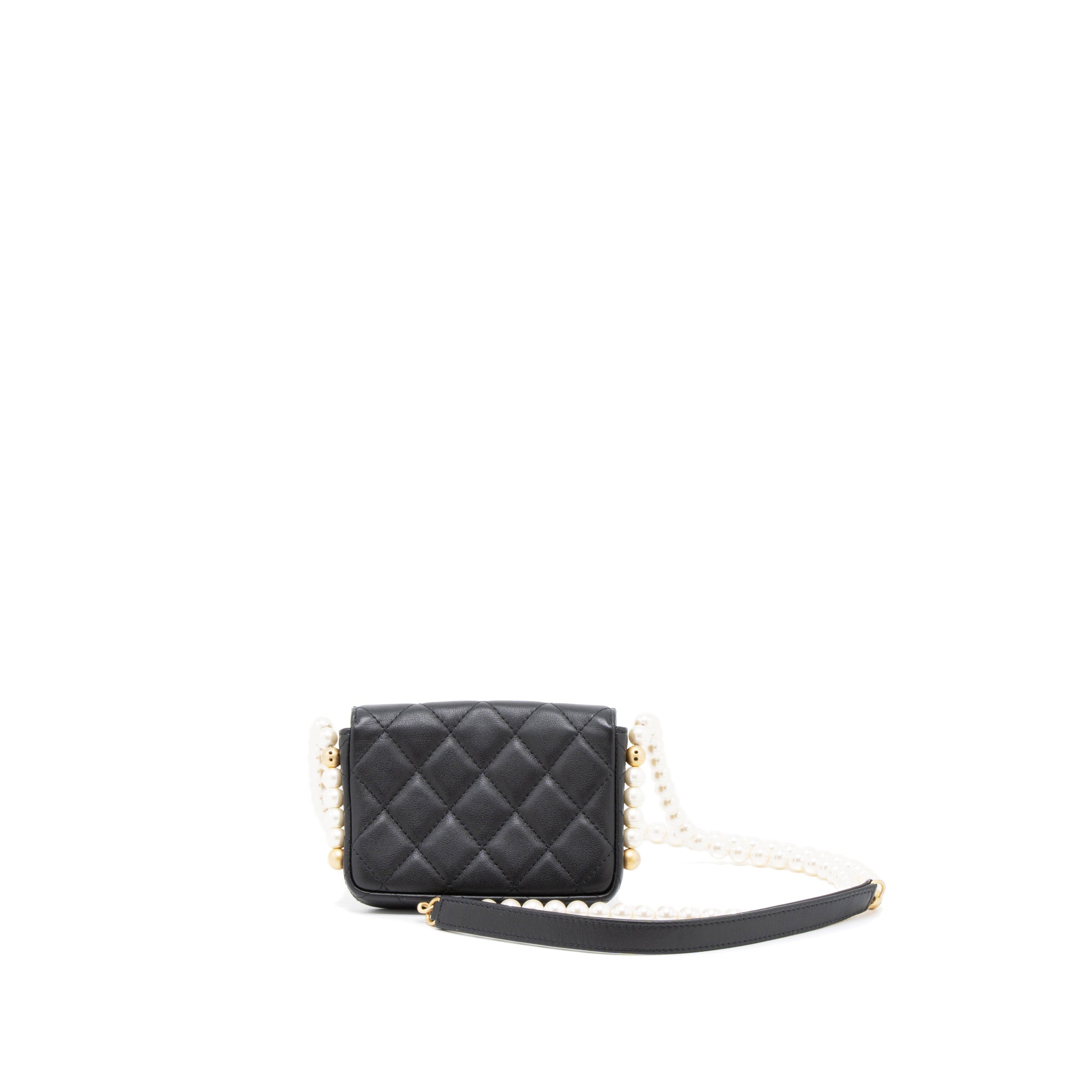 CHANEL PEARL CHAIN MINI FLAP BAG LAMBSKIN BLACK BRUSHED GHW