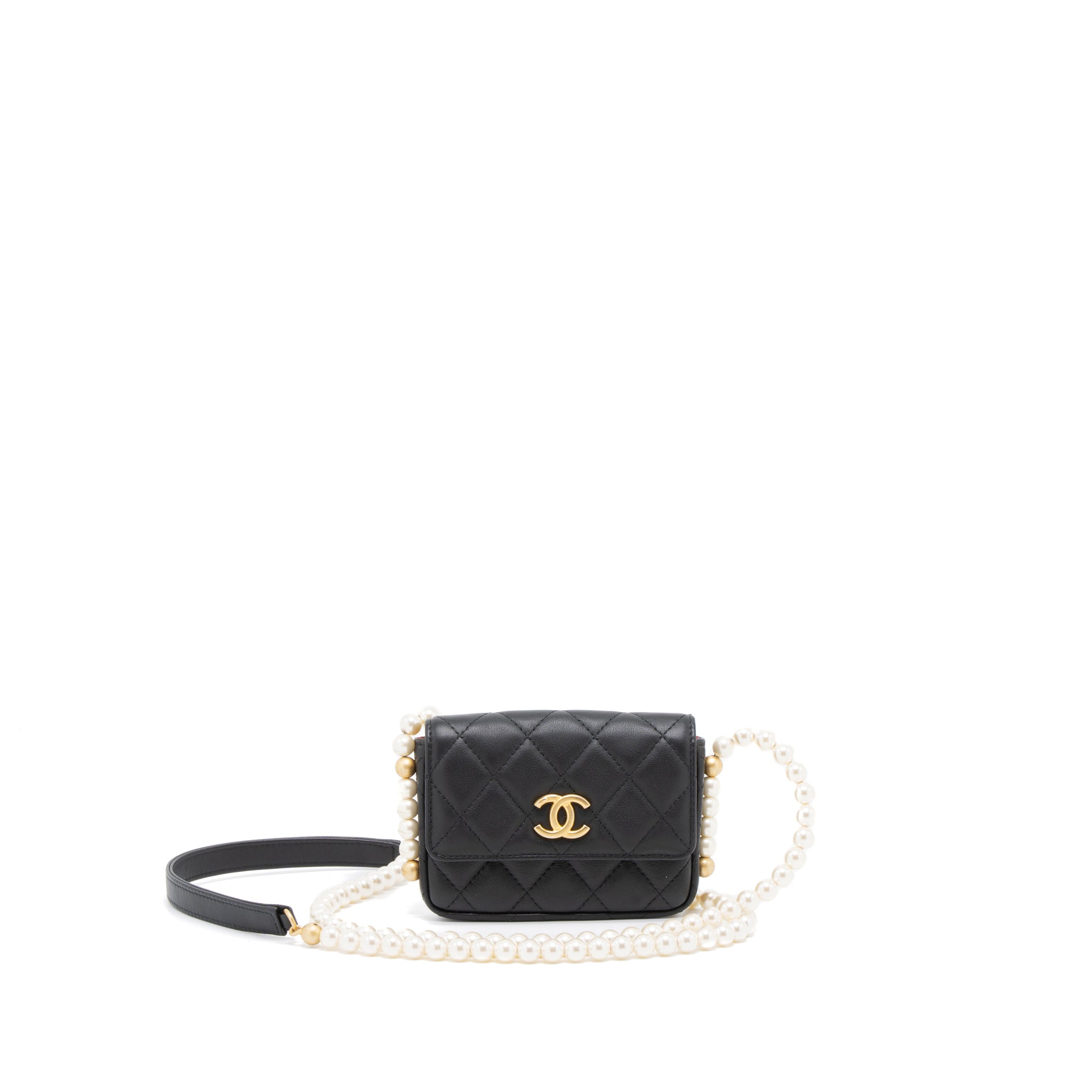 CHANEL PEARL CHAIN MINI FLAP BAG LAMBSKIN BLACK BRUSHED GHW