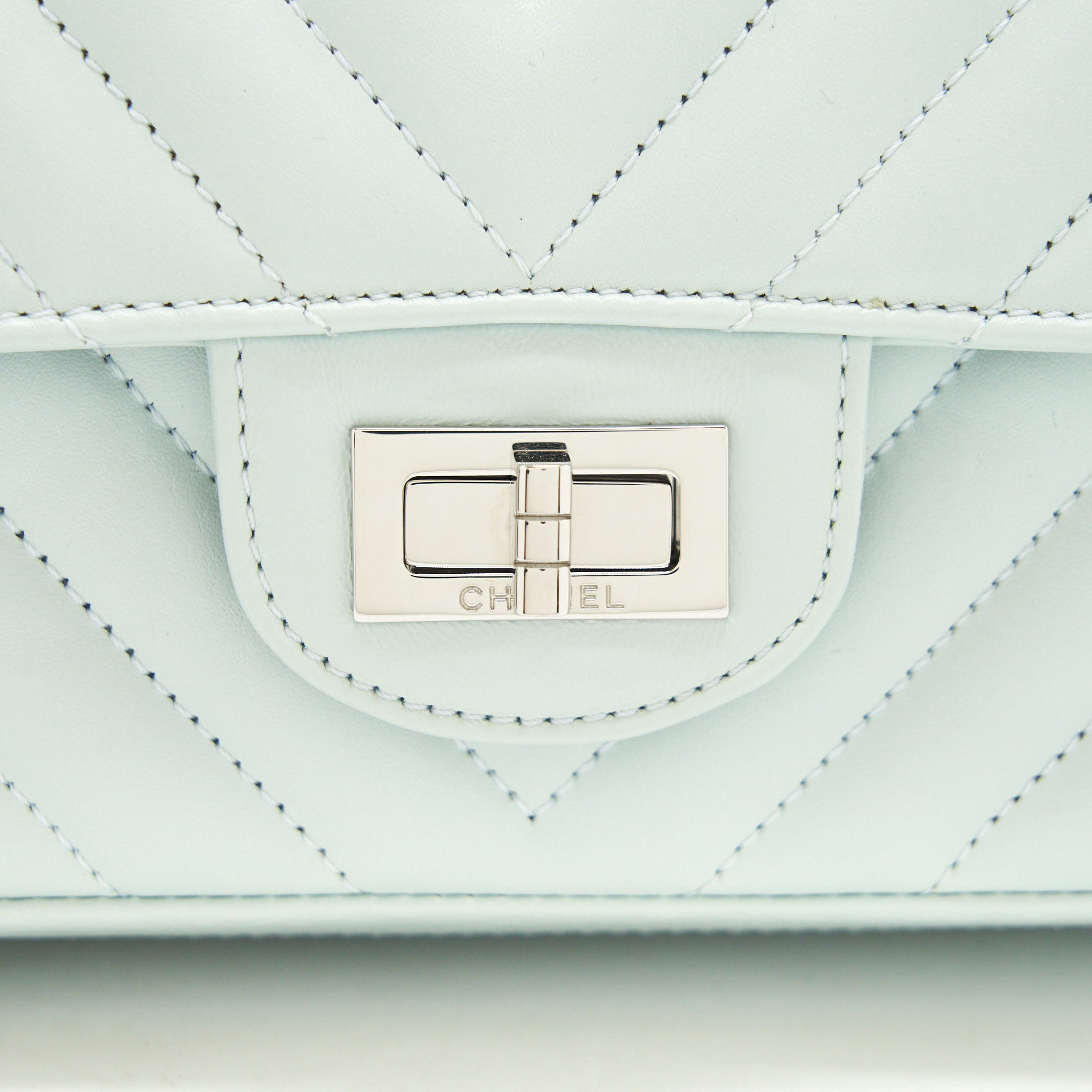 CHANEL CHEVRON MINI 2.55 REISSUE FLAP BAG CALFSKIN LIGHT BLUE SHW