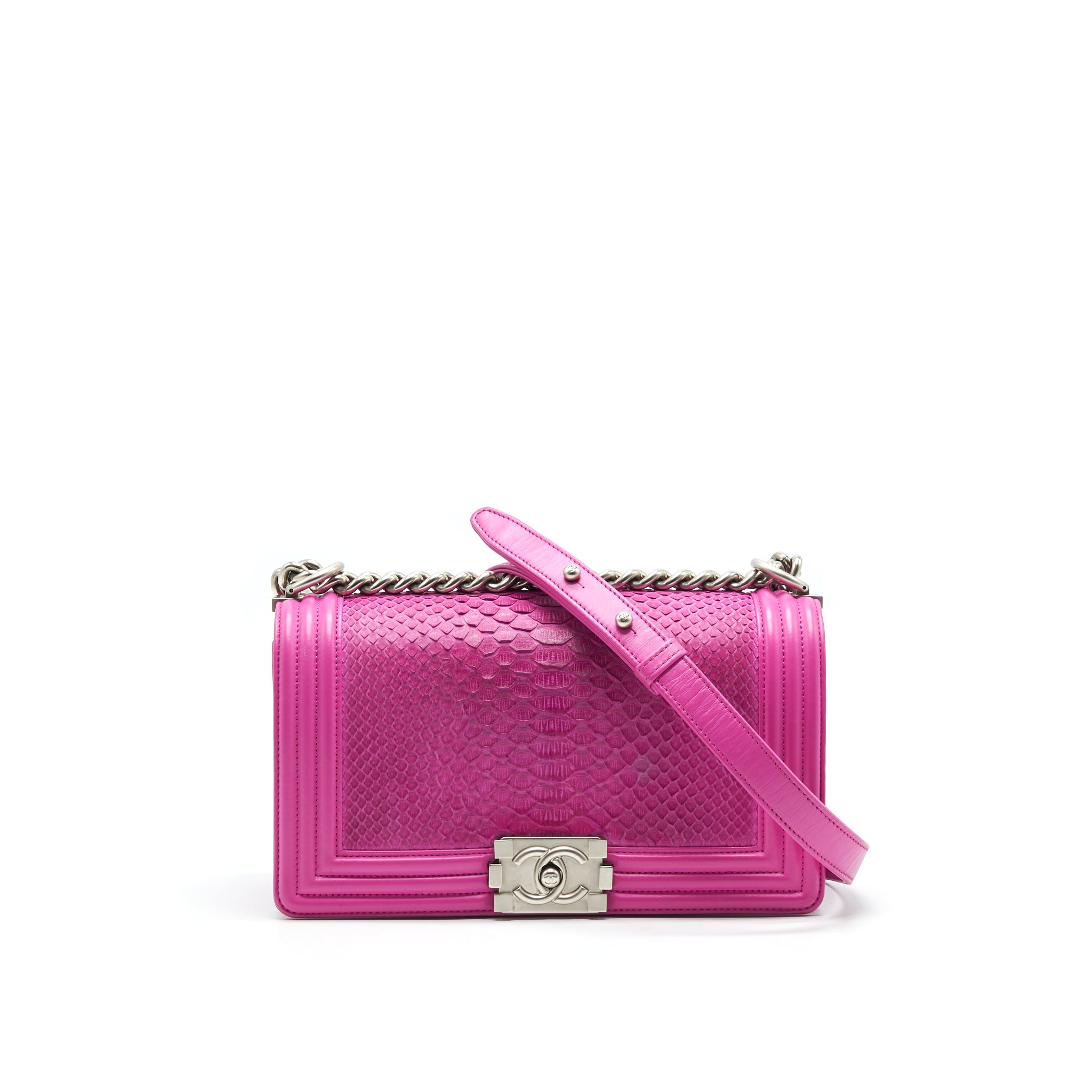 CHANEL MEDIUM LE BOY FLAP BAG IN PYTHON LEATHER PINK WITH BRUSHED SHW