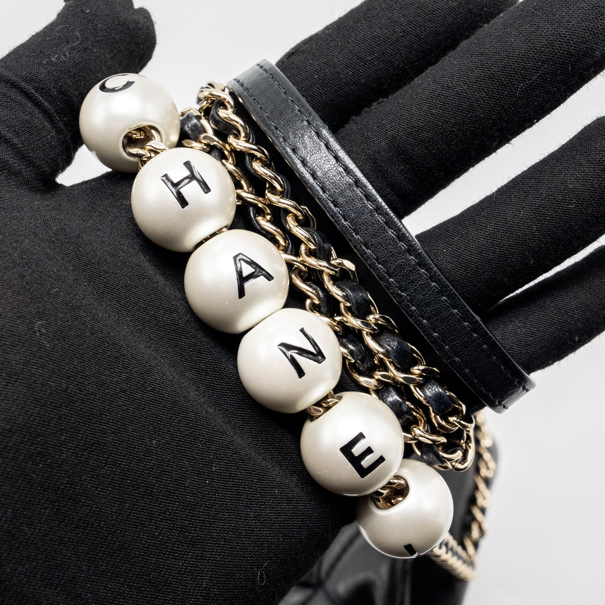 CHANEL PEARL CHAIN QUILTED FLAP BAG LAMBSKIN BLACK GHW