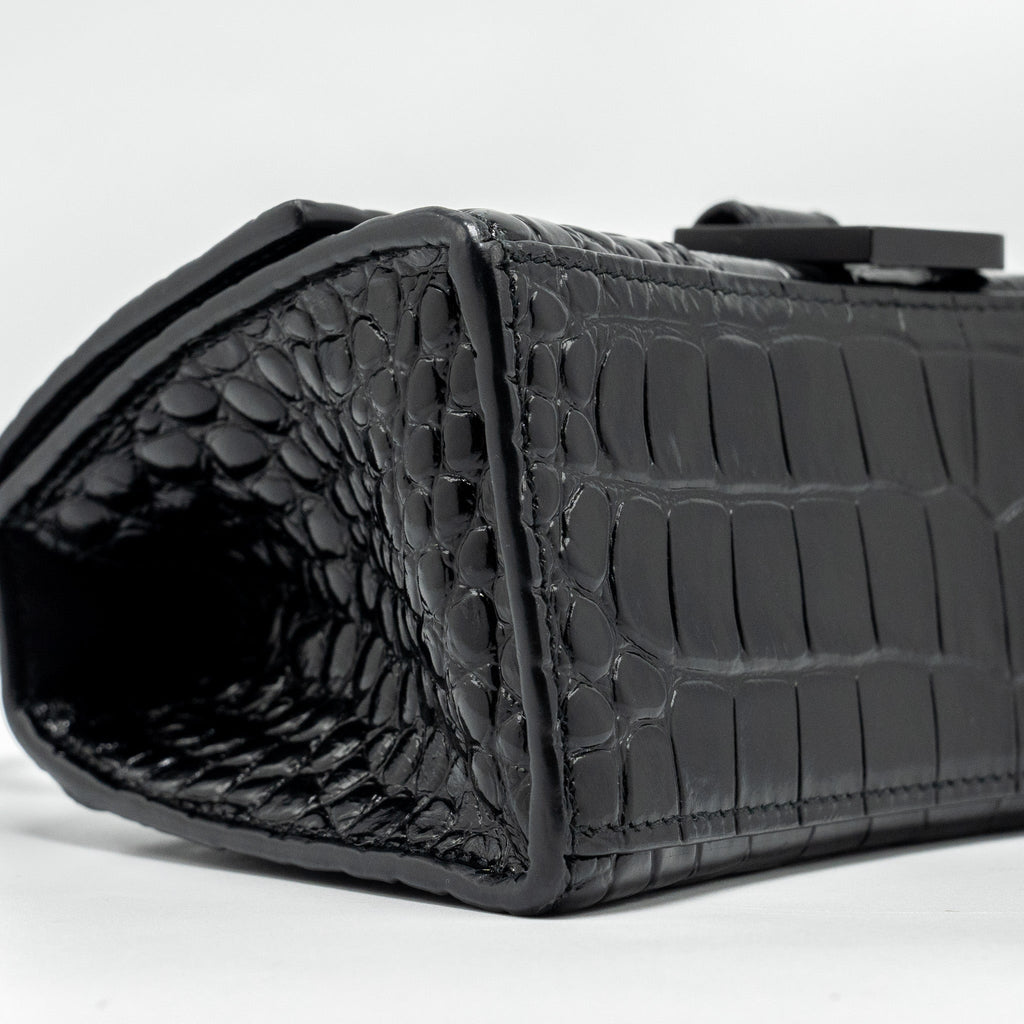 BALENCIAGA XS HOURGLASS CROC-EMBOSSED CALFSKIN SO BLACK