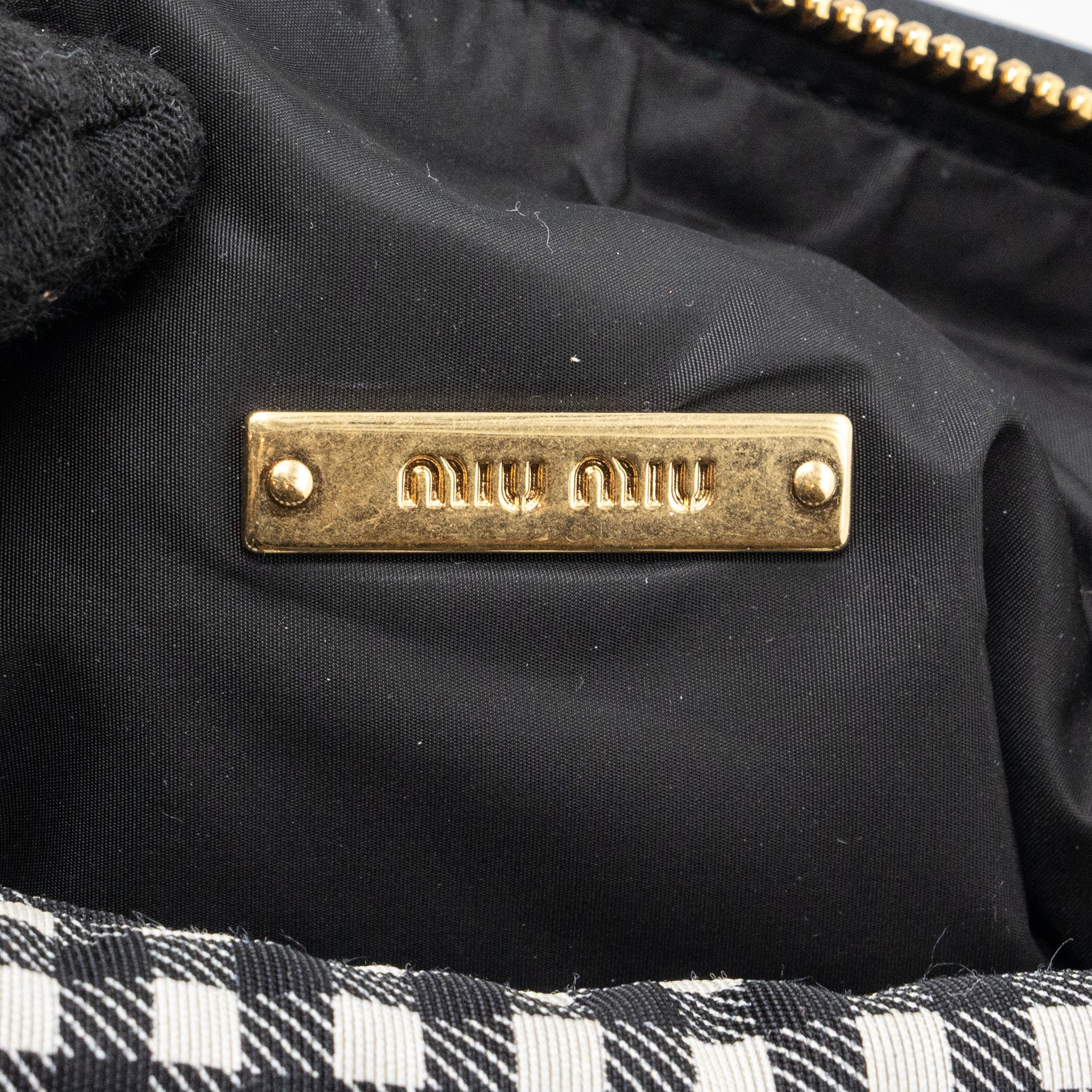 MIU MIU SPIRIT PRINTED FAILLE MINI-BAG NYLON BLACK / WHITE GHW