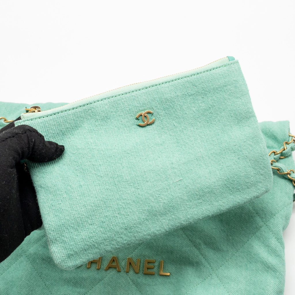 CHANEL SMALL 22 BAG WASHED DENIM AQUA GHW (MICROCHIP)