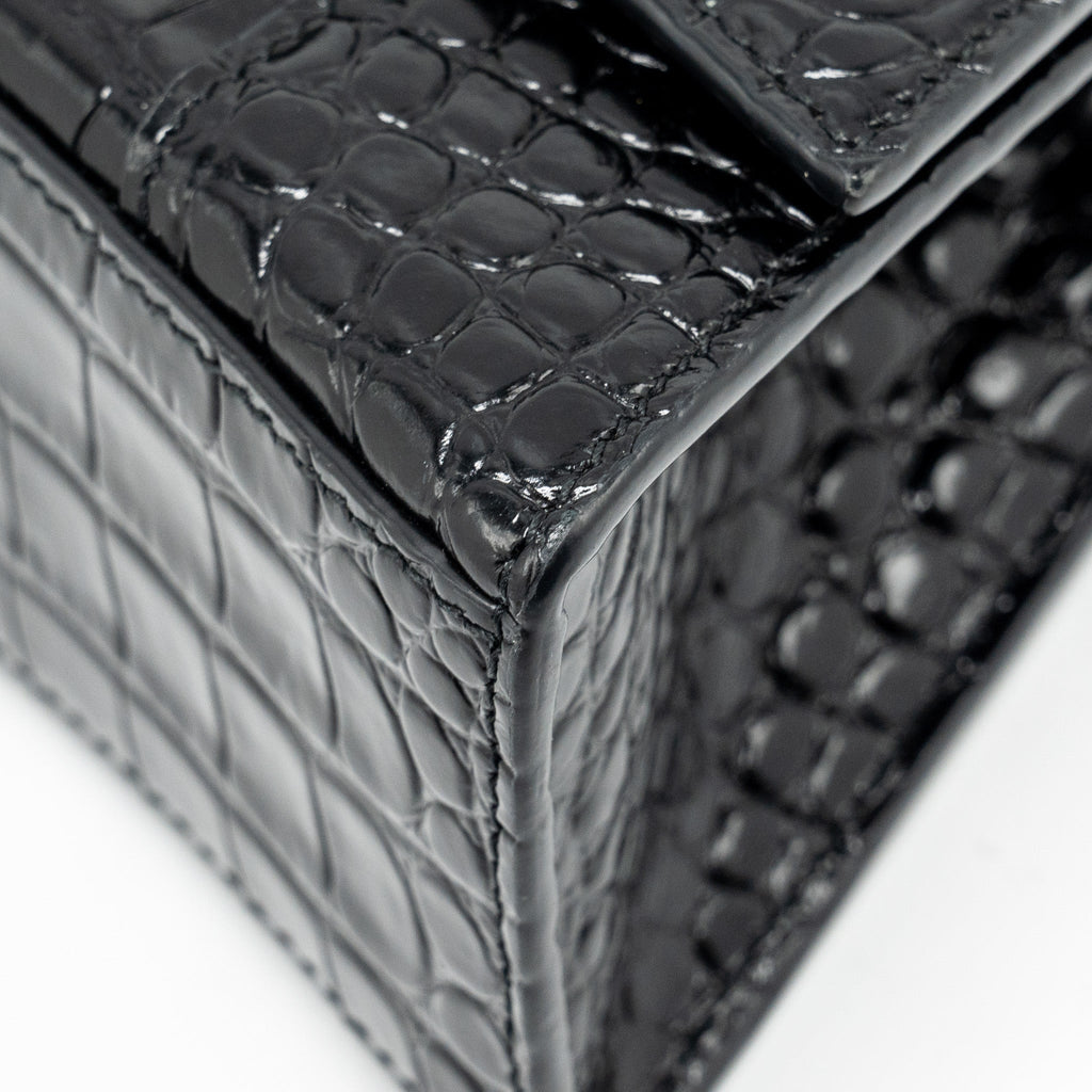 BALENCIAGA XS HOURGLASS CROC-EMBOSSED CALFSKIN SO BLACK