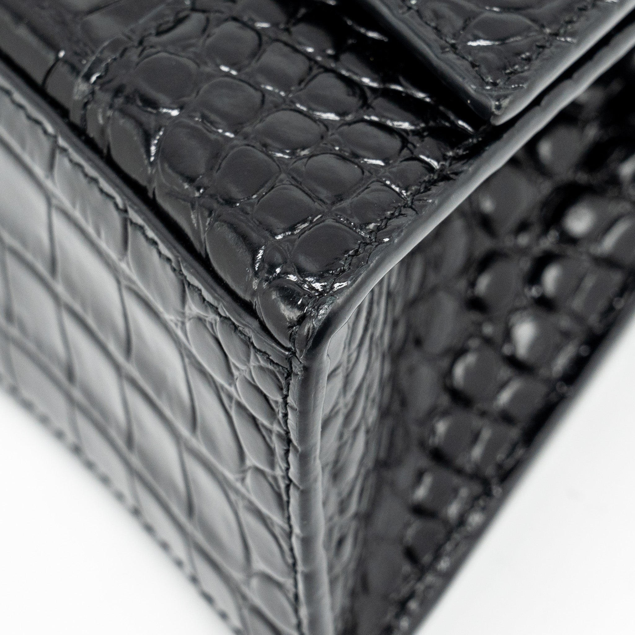 BALENCIAGA XS HOURGLASS CROC-EMBOSSED CALFSKIN SO BLACK