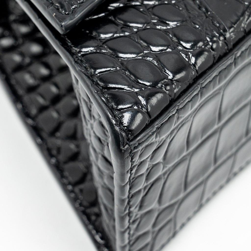 BALENCIAGA XS HOURGLASS CROC-EMBOSSED CALFSKIN SO BLACK