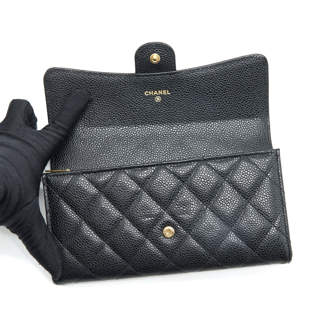 CHANEL CLASSIC LONG FLAP WALLET CAVIAR BLACK GHW