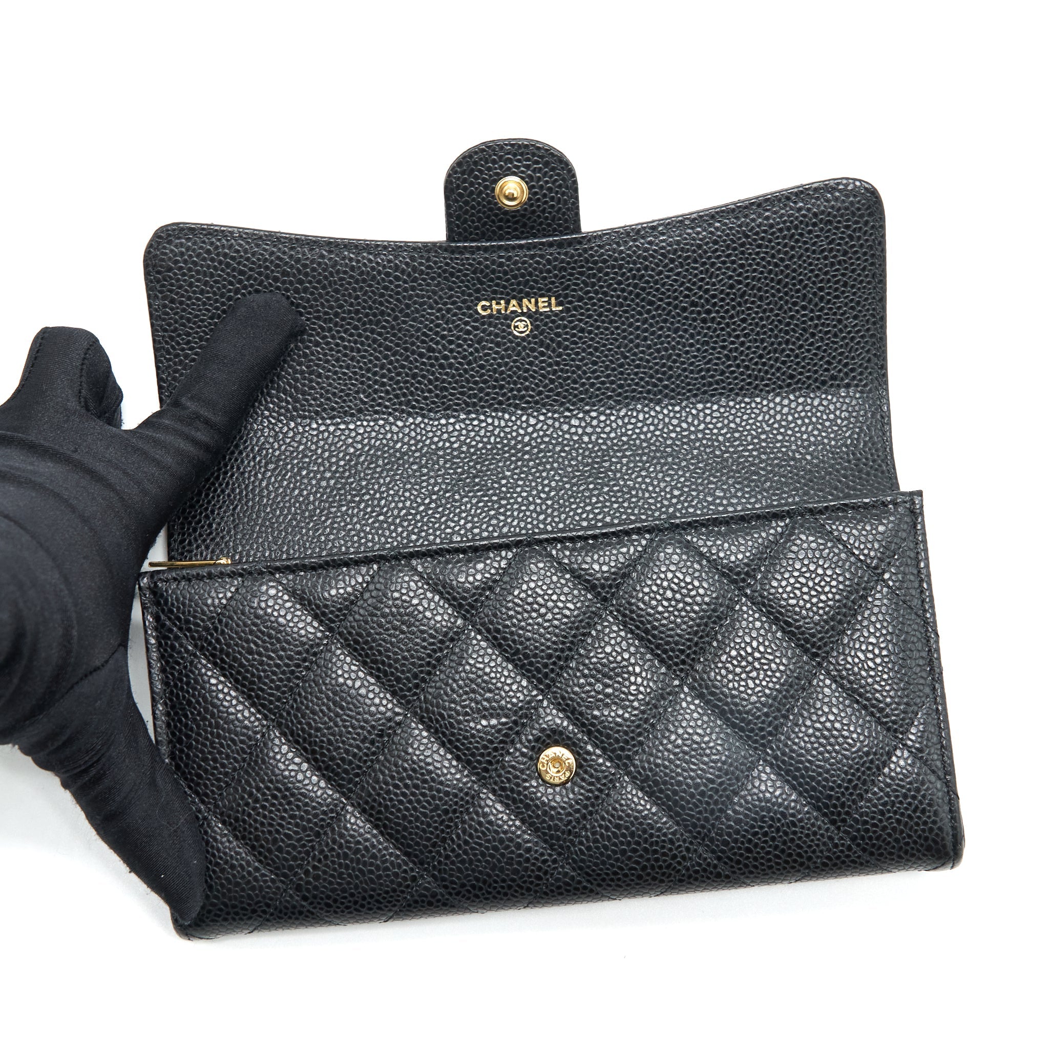 CHANEL CLASSIC LONG FLAP WALLET CAVIAR BLACK GHW