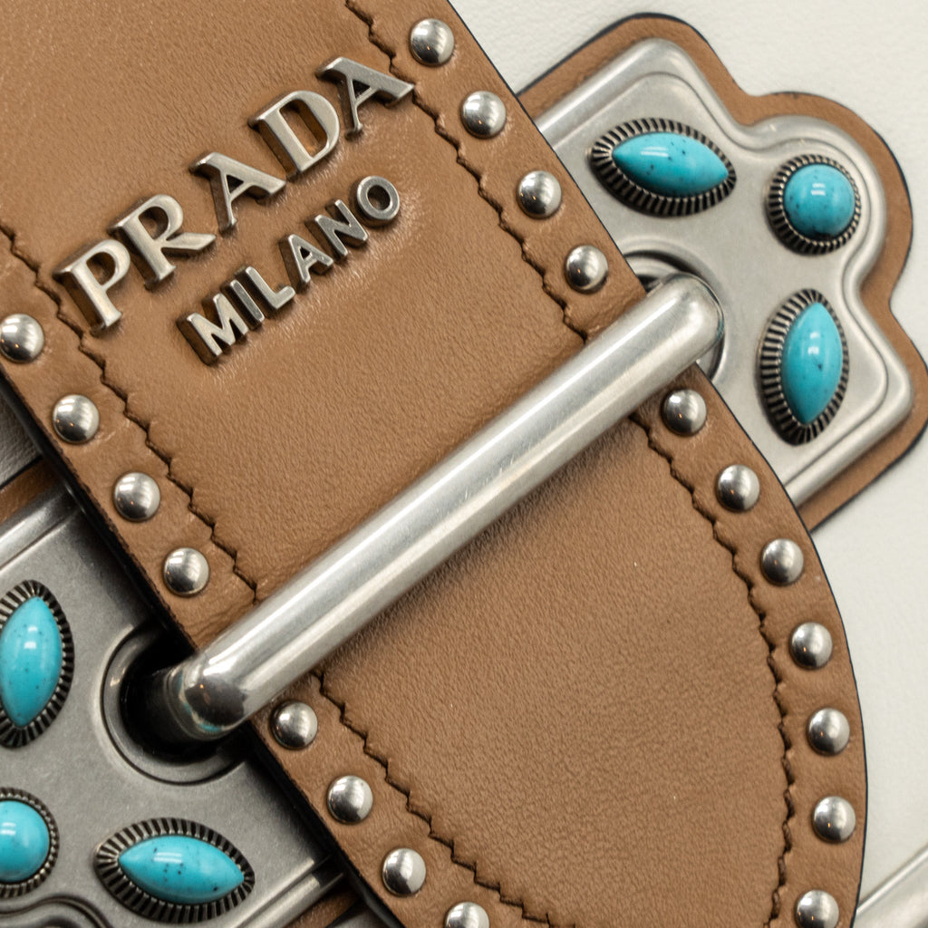 PRADA CAHIER EMBELLISHED TWO-TONE LEATHER SHOULDER BAG WHITE / CARAMEL SHW