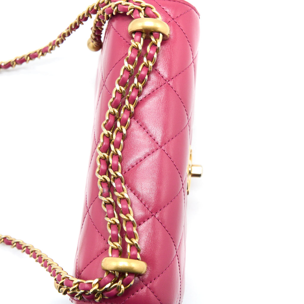 CHANEL 21A SMALL GOLD CRUSH FLAP BAG CALFSKIN RASPBERRY PINK BRUSHED GHW (MICROCHIP)