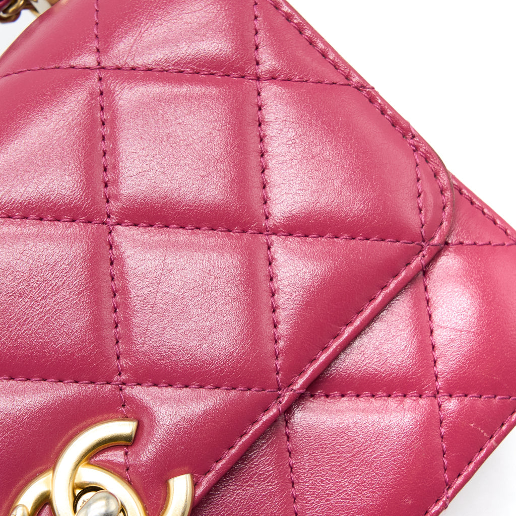 CHANEL 21A SMALL GOLD CRUSH FLAP BAG CALFSKIN RASPBERRY PINK BRUSHED GHW (MICROCHIP)