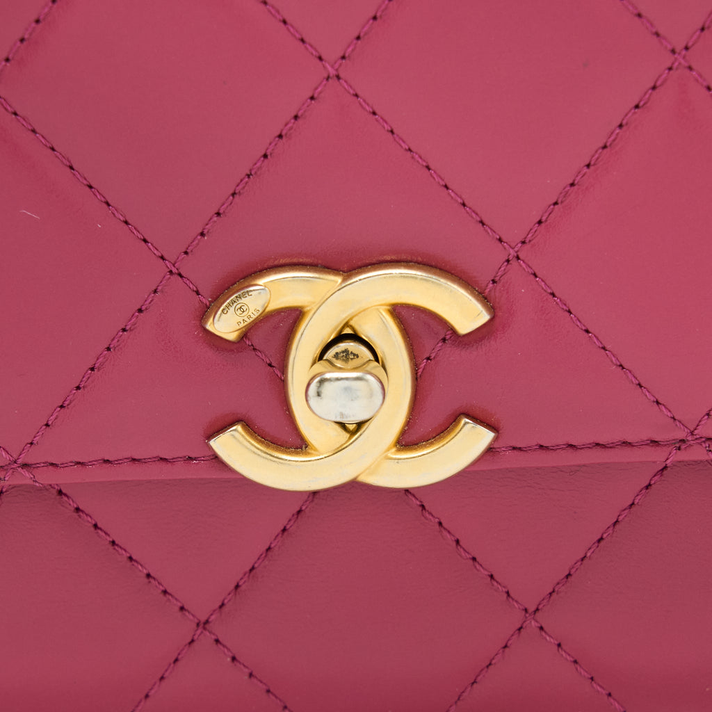 CHANEL 21A SMALL GOLD CRUSH FLAP BAG CALFSKIN RASPBERRY PINK BRUSHED GHW (MICROCHIP)