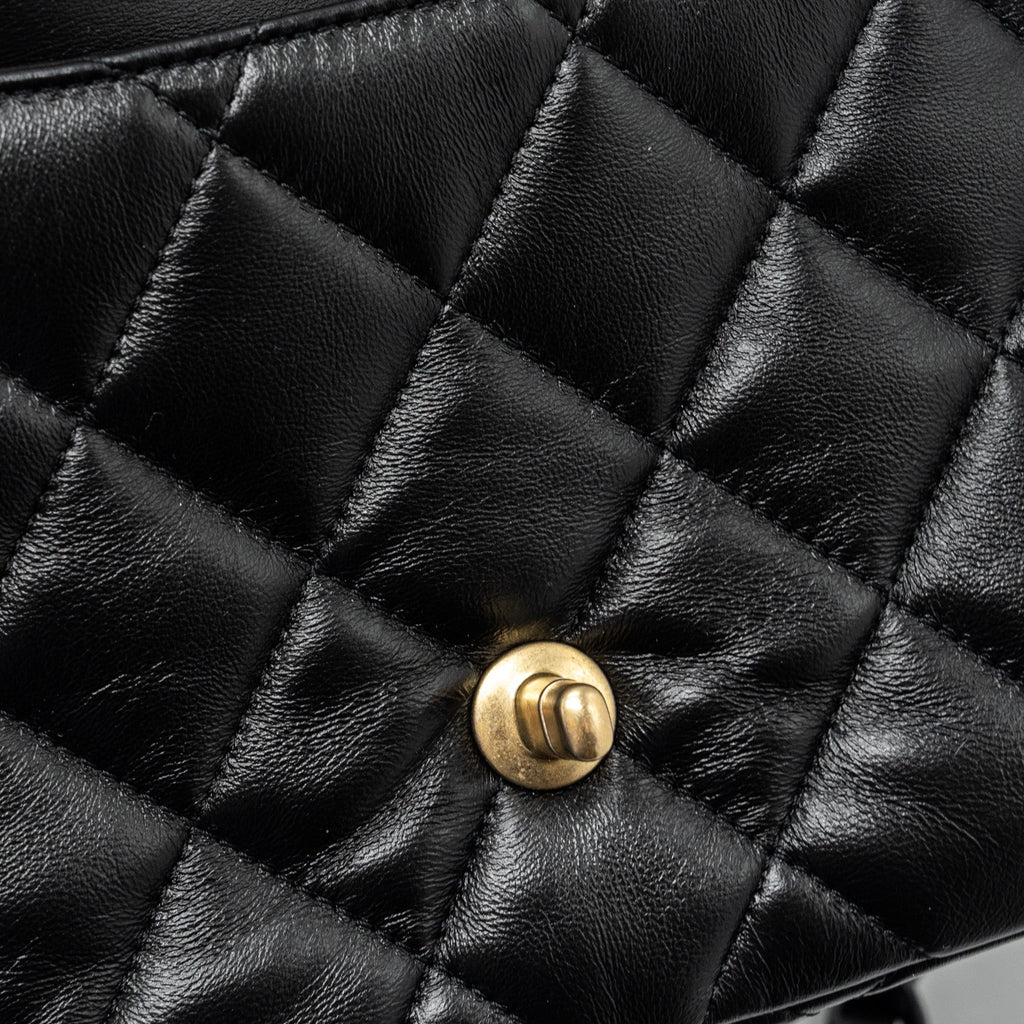CHANEL QUILTED FLAP BAG GIANT CHAIN LAMBSKIN BLACK GOLD AND BLACK HARDWARE (MICROCHIP)
