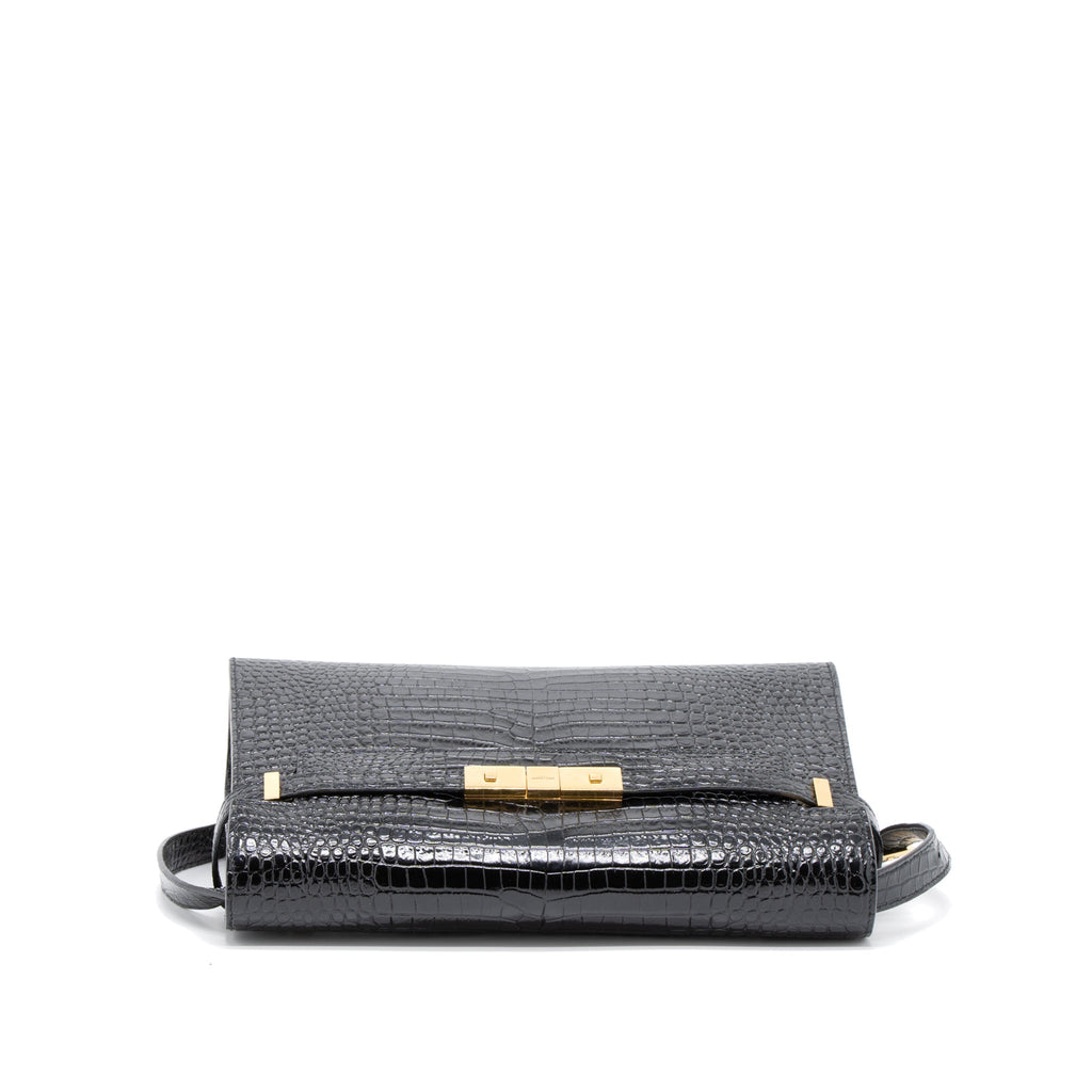 SAINT LAURENT MANHATTAN SHOULDER BAG CROCODILE-EMBOSSED BLACK GHW