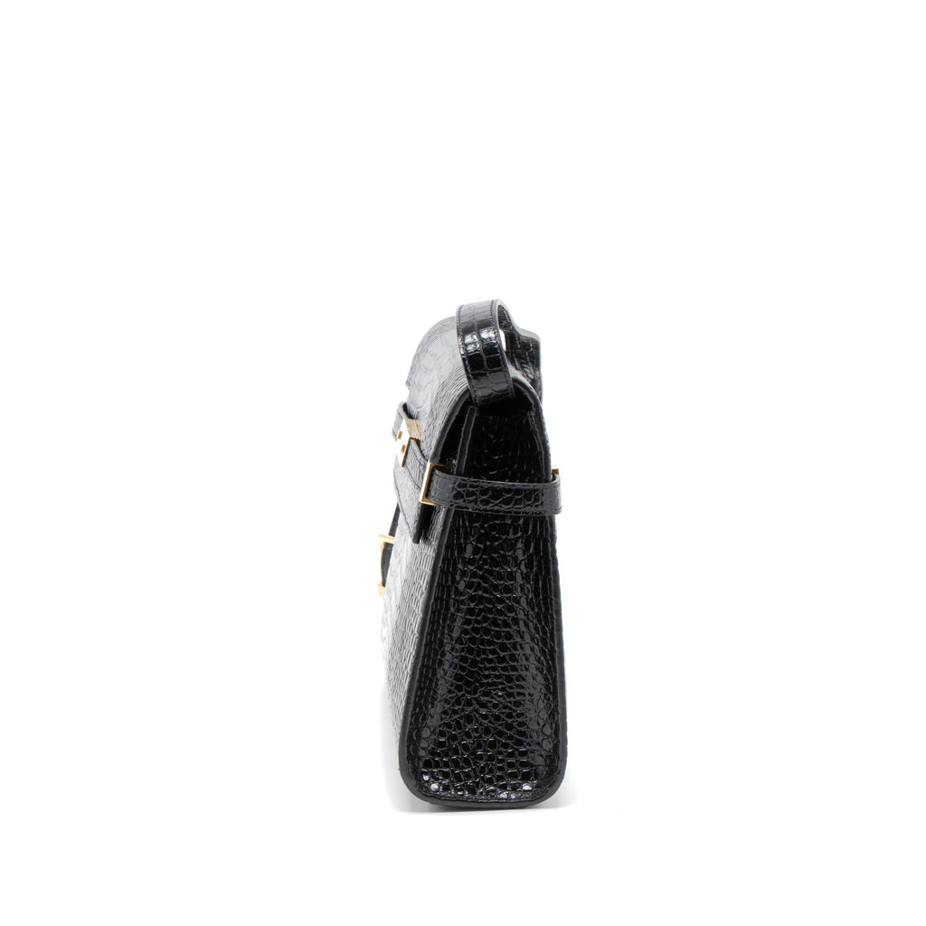 SAINT LAURENT MANHATTAN SHOULDER BAG CROCODILE-EMBOSSED BLACK GHW