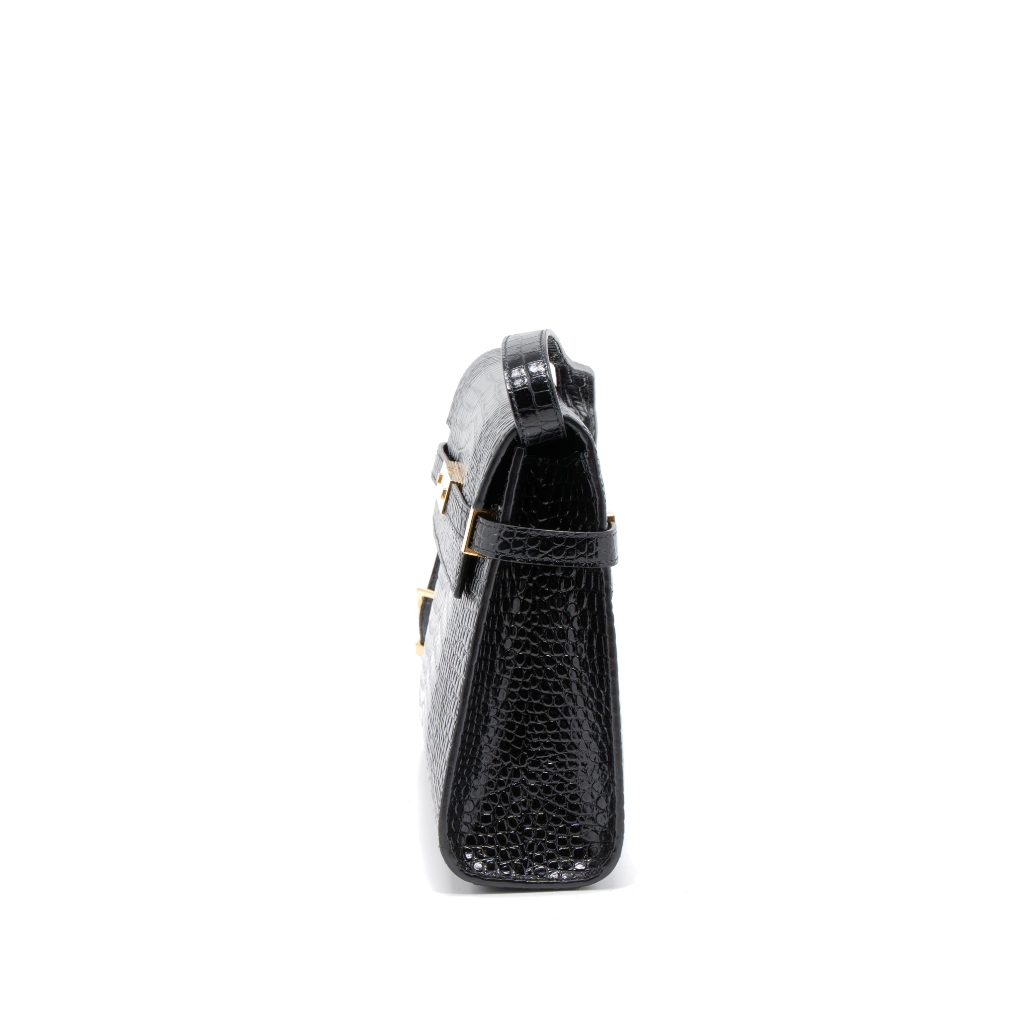 SAINT LAURENT MANHATTAN SHOULDER BAG CROCODILE-EMBOSSED BLACK GHW