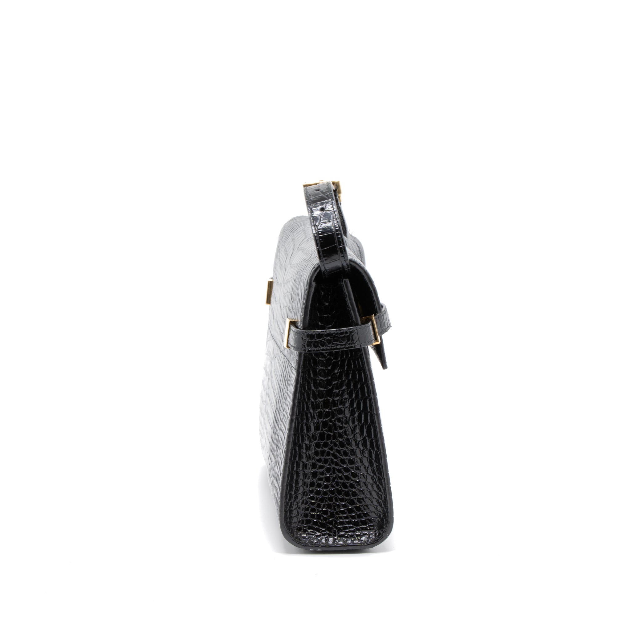 SAINT LAURENT MANHATTAN SHOULDER BAG CROCODILE-EMBOSSED BLACK GHW