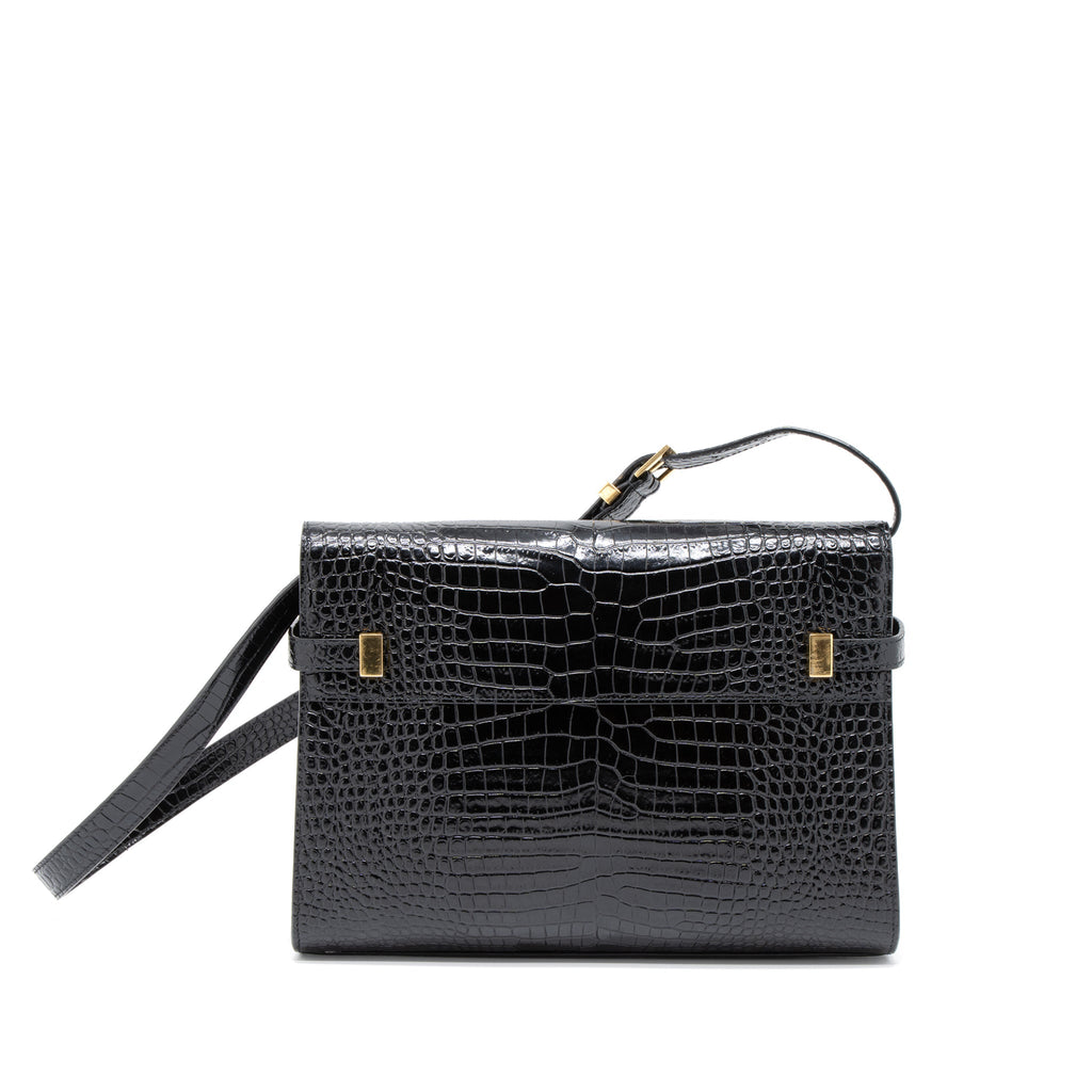 SAINT LAURENT MANHATTAN SHOULDER BAG CROCODILE-EMBOSSED BLACK GHW