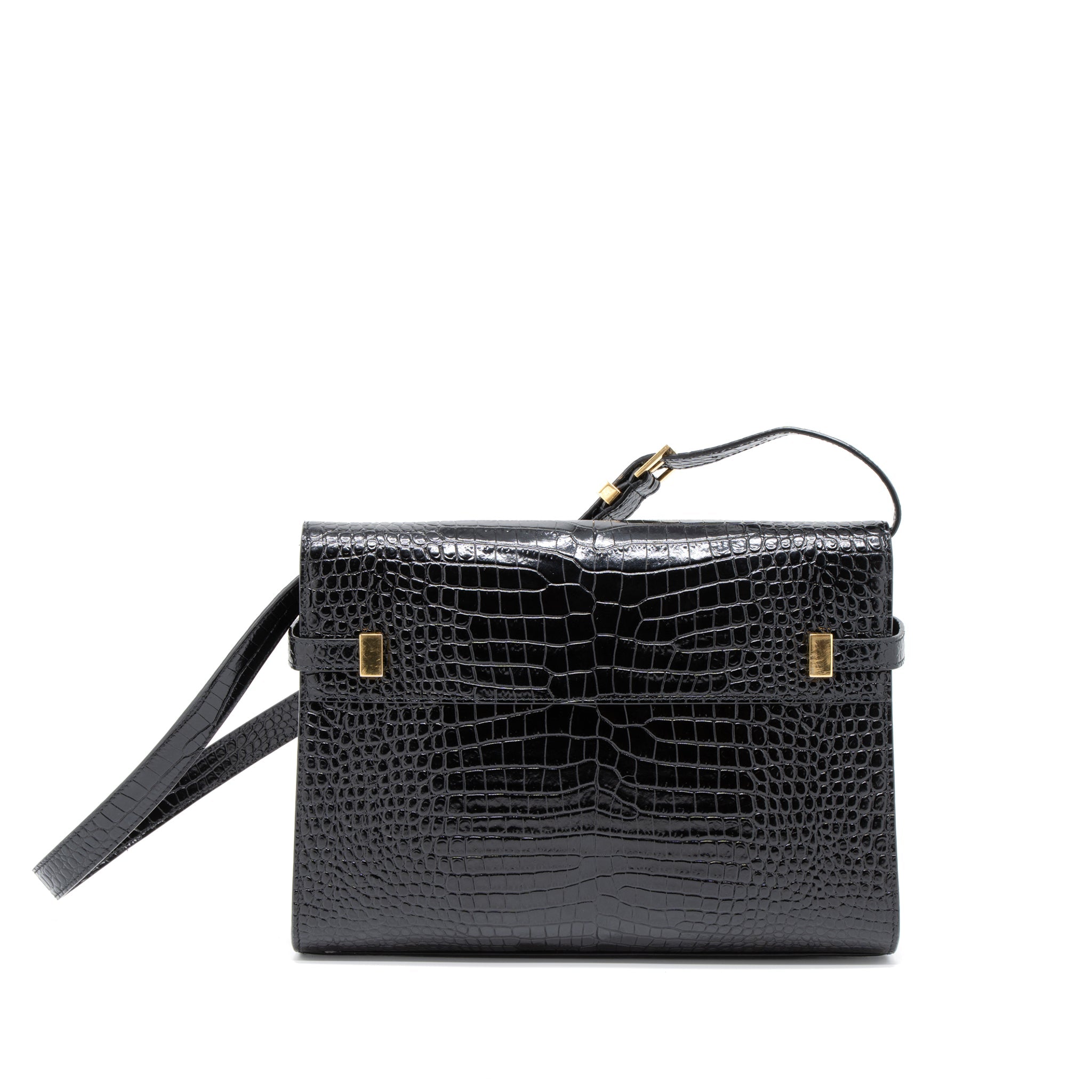 SAINT LAURENT MANHATTAN SHOULDER BAG CROCODILE-EMBOSSED BLACK GHW