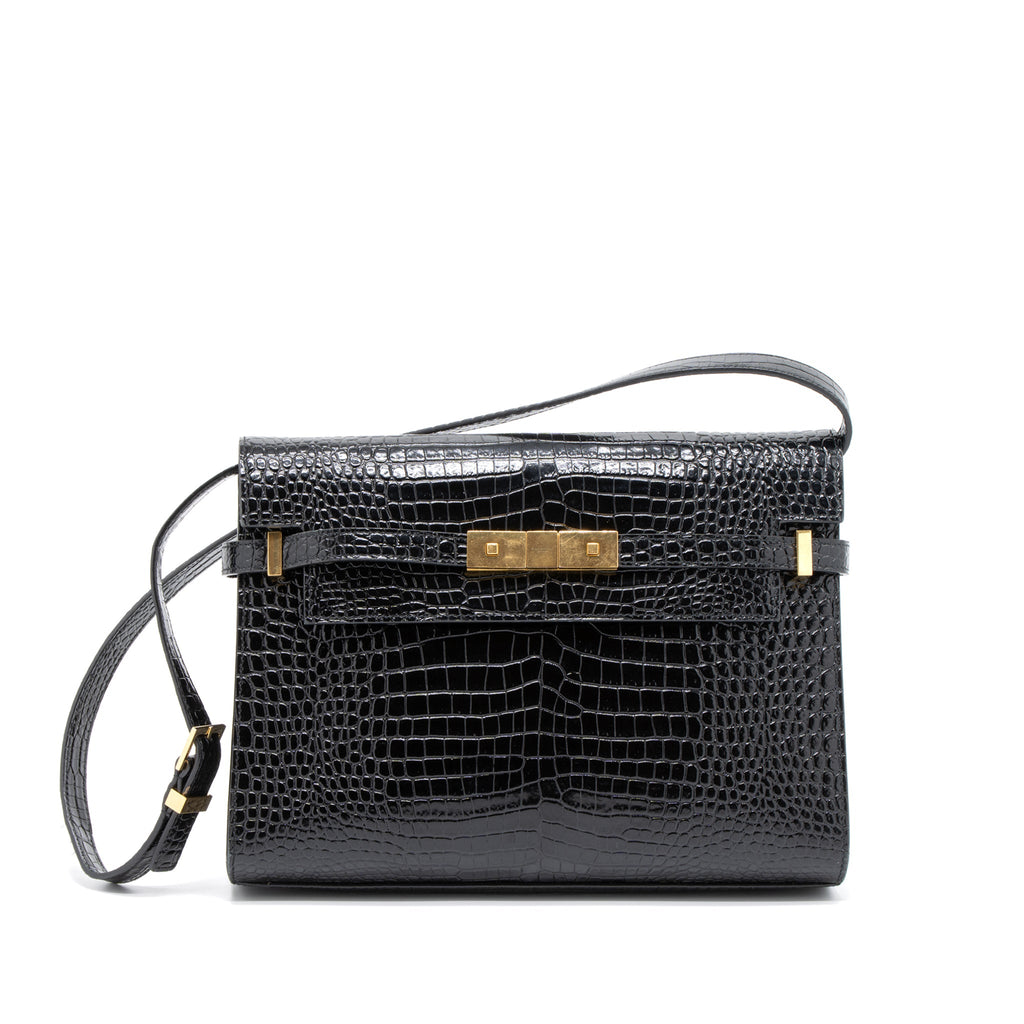 SAINT LAURENT MANHATTAN SHOULDER BAG CROCODILE-EMBOSSED BLACK GHW