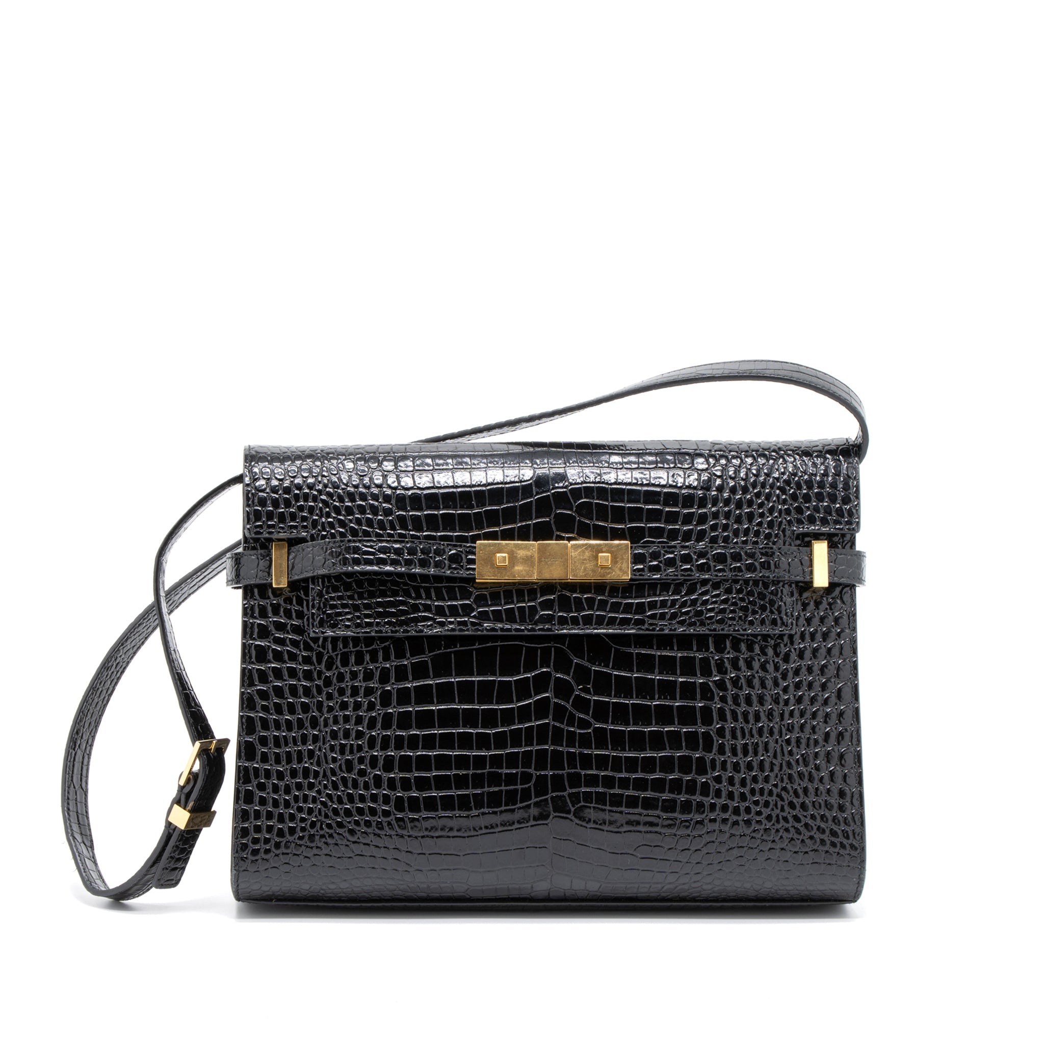 SAINT LAURENT MANHATTAN SHOULDER BAG CROCODILE-EMBOSSED BLACK GHW