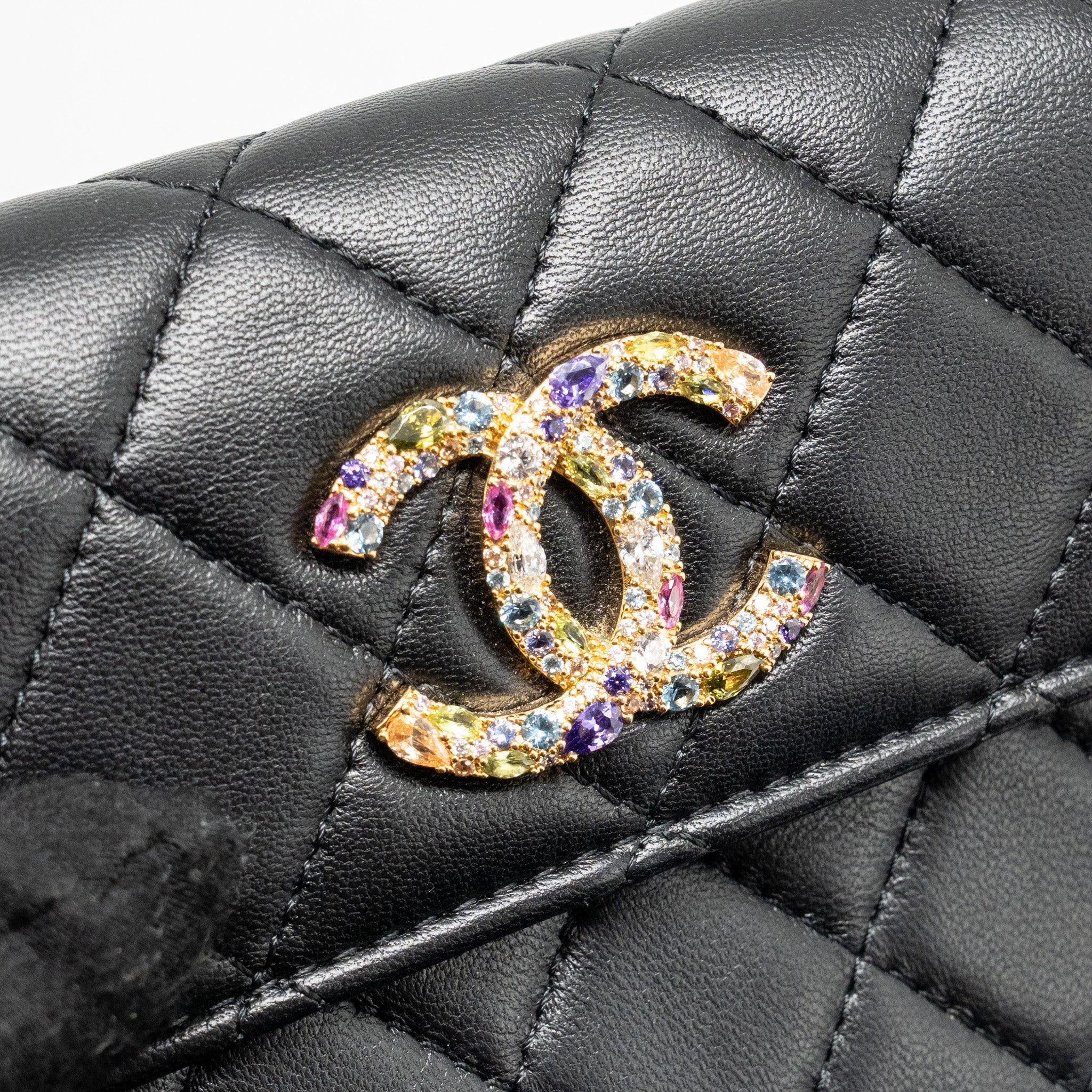 CHANEL ZIRCONIUM FLAP CLUTCH/CARD HOLDER WITH CHAIN LAMBSKIN BLACK GHW