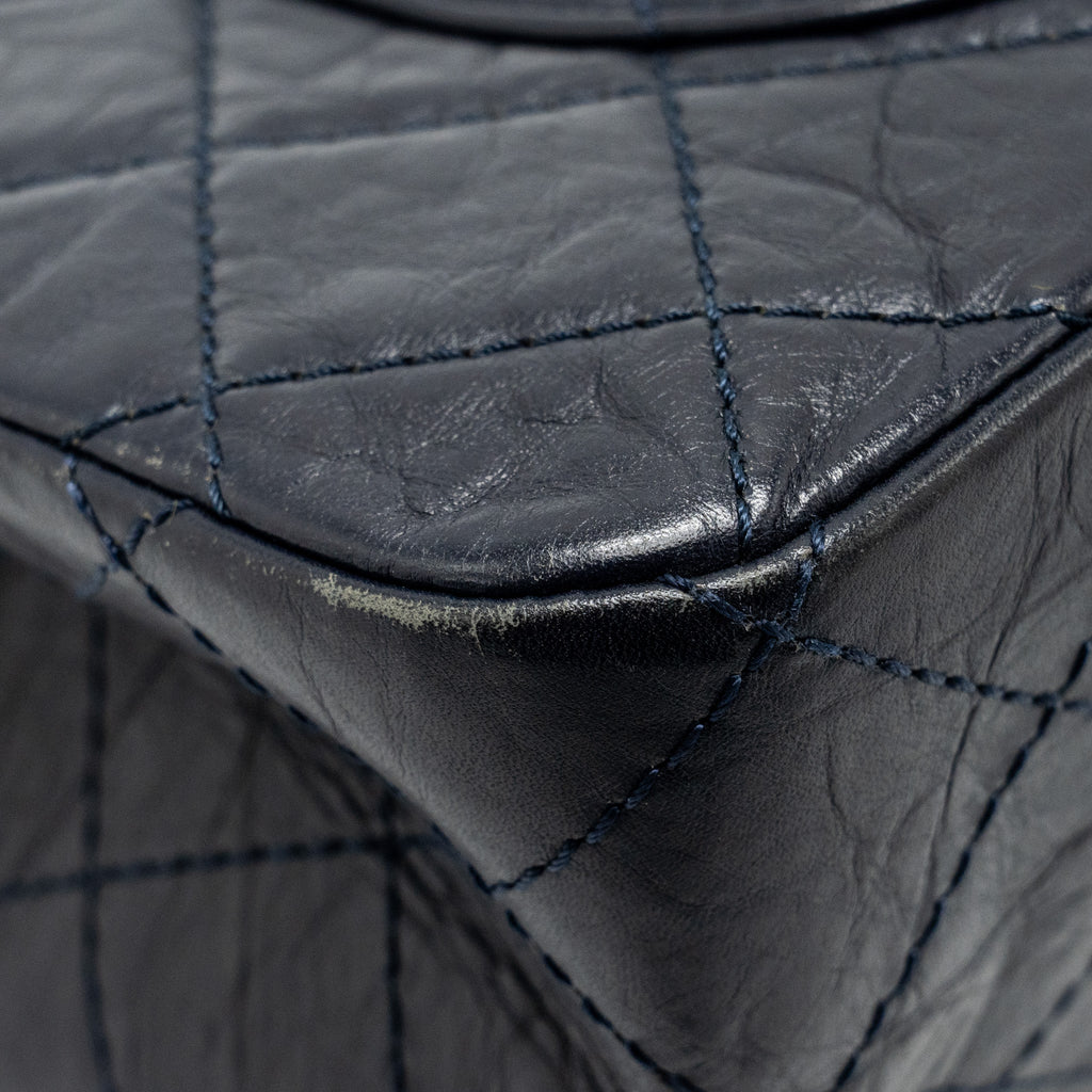 CHANEL MAXI 2.55 REISSUE FLAP BAG AGED CALFSKIN DARK BLUE RUTHENIUM HARDWARE