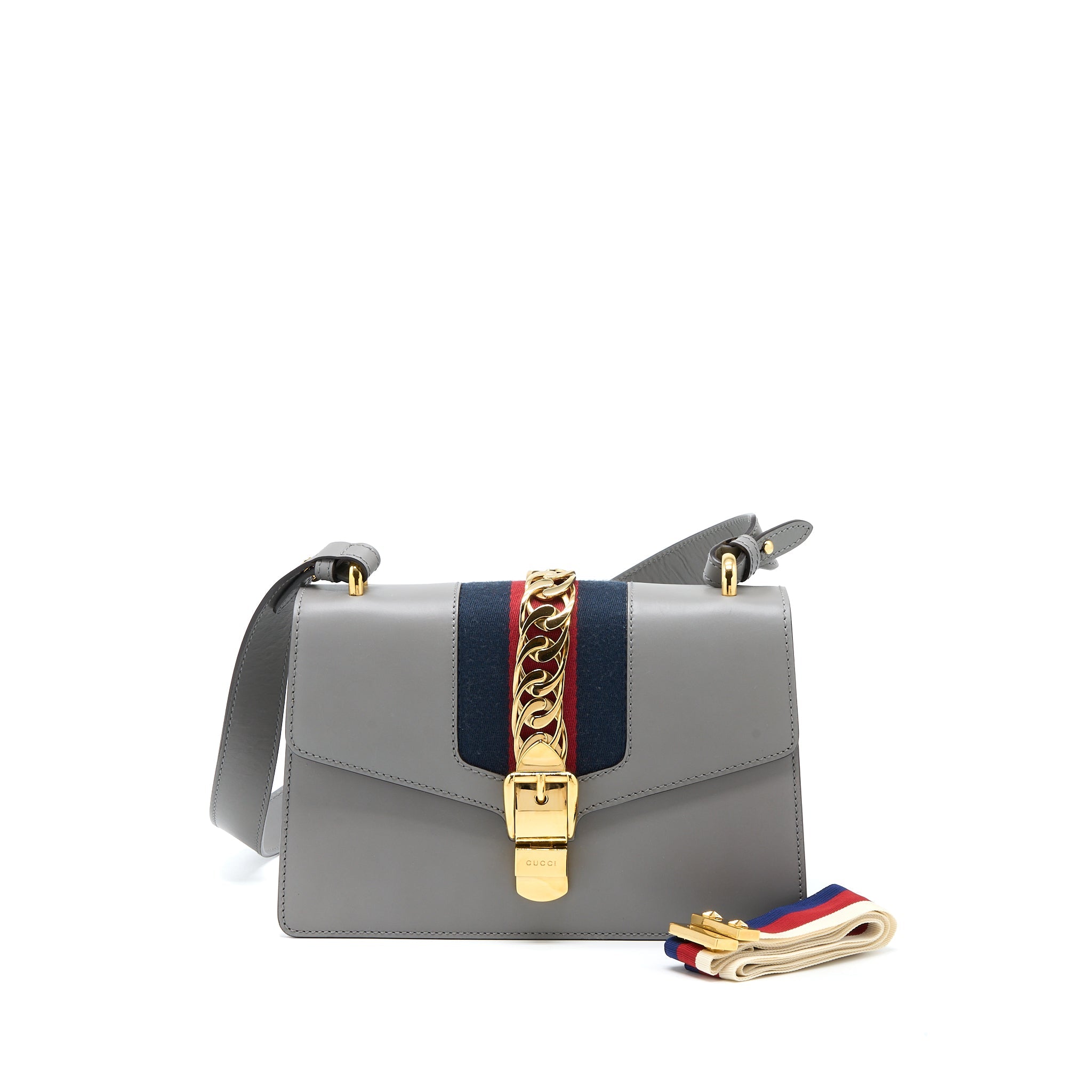 GUCCI SMALL SYLVIE SHOULDER BAG CALFSKIN GREY GHW