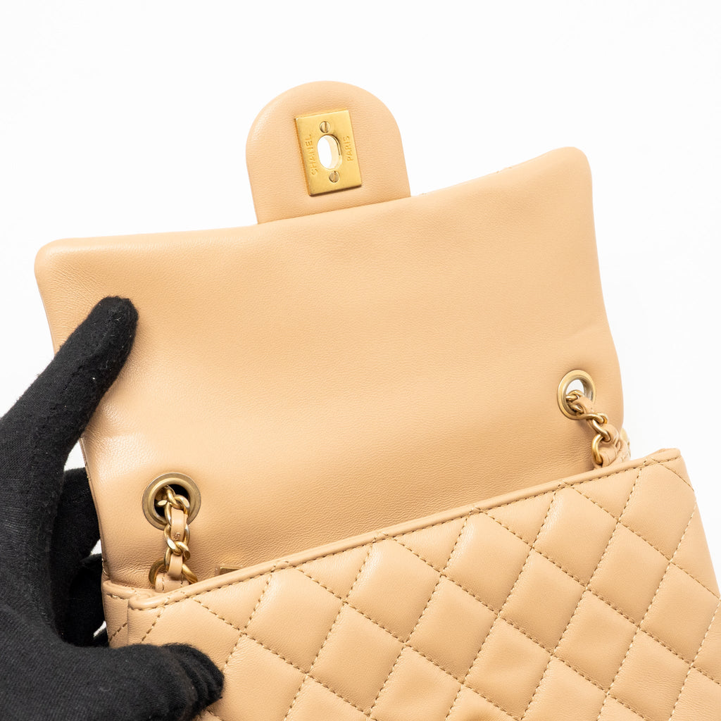 CHANEL PEARL CRUSH MINI RECTANGULAR FLAP BAG LAMBSKIN BEIGE GHW (MICROCHIP)