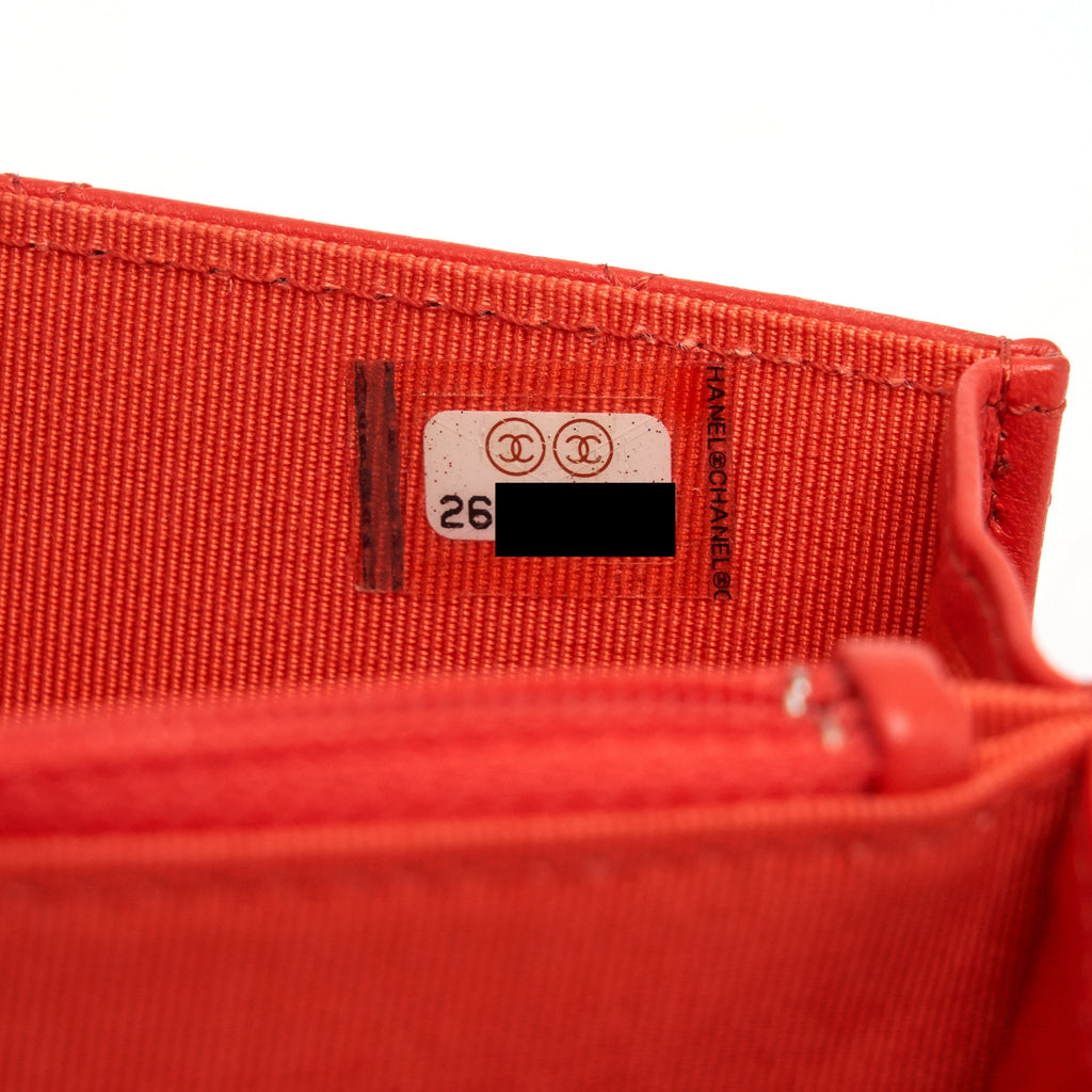 CHANEL SQUARE WALLET ON CHAIN CORAL RED LAMBSKIN SHW