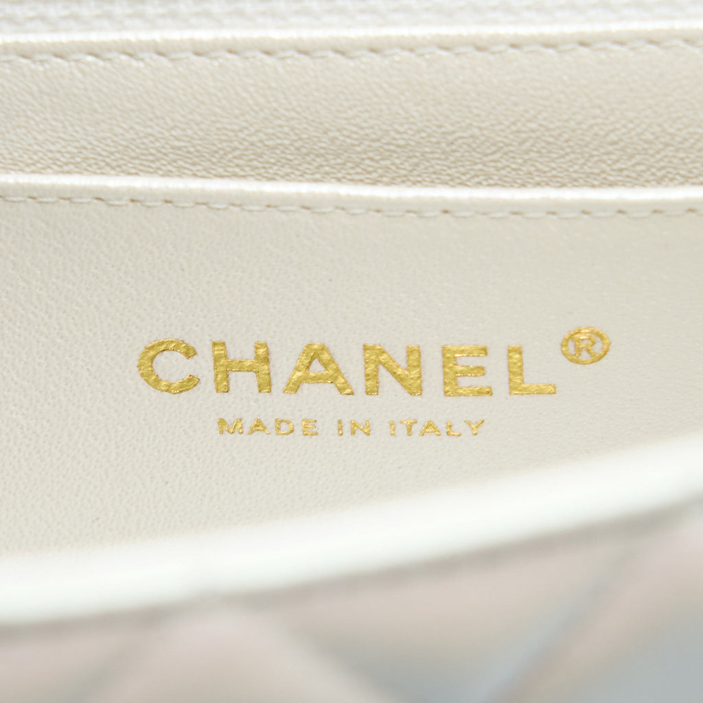 CHANEL CLASSIC MINI RECTANGULAR FLAP BAG CALFSKIN IRIDESCENT WHITE LGHW