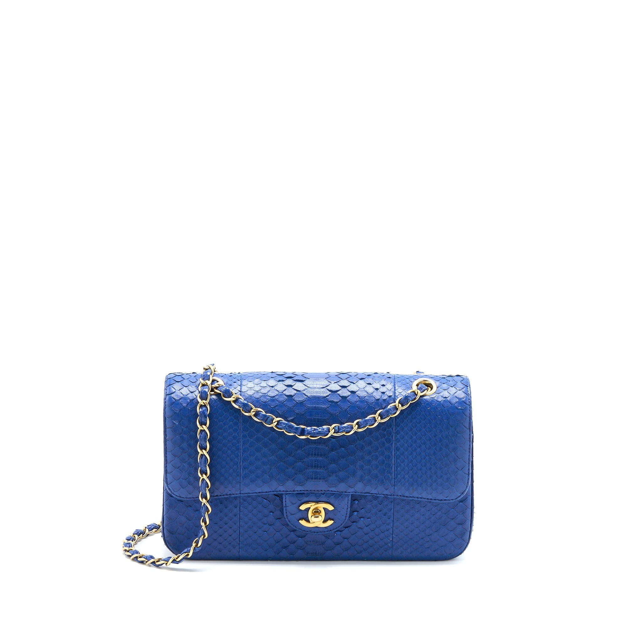 CHANEL MEDIUM CLASSIC DOUBLE FLAP BAG PYTHON BLUE GHW