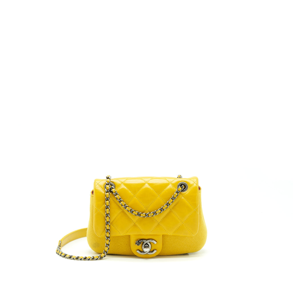 CHANEL SEASONAL LIMITED FLAP BAG LEATHER AND FABRIC YELLOW WITH RUTHENIUM HARDWARE