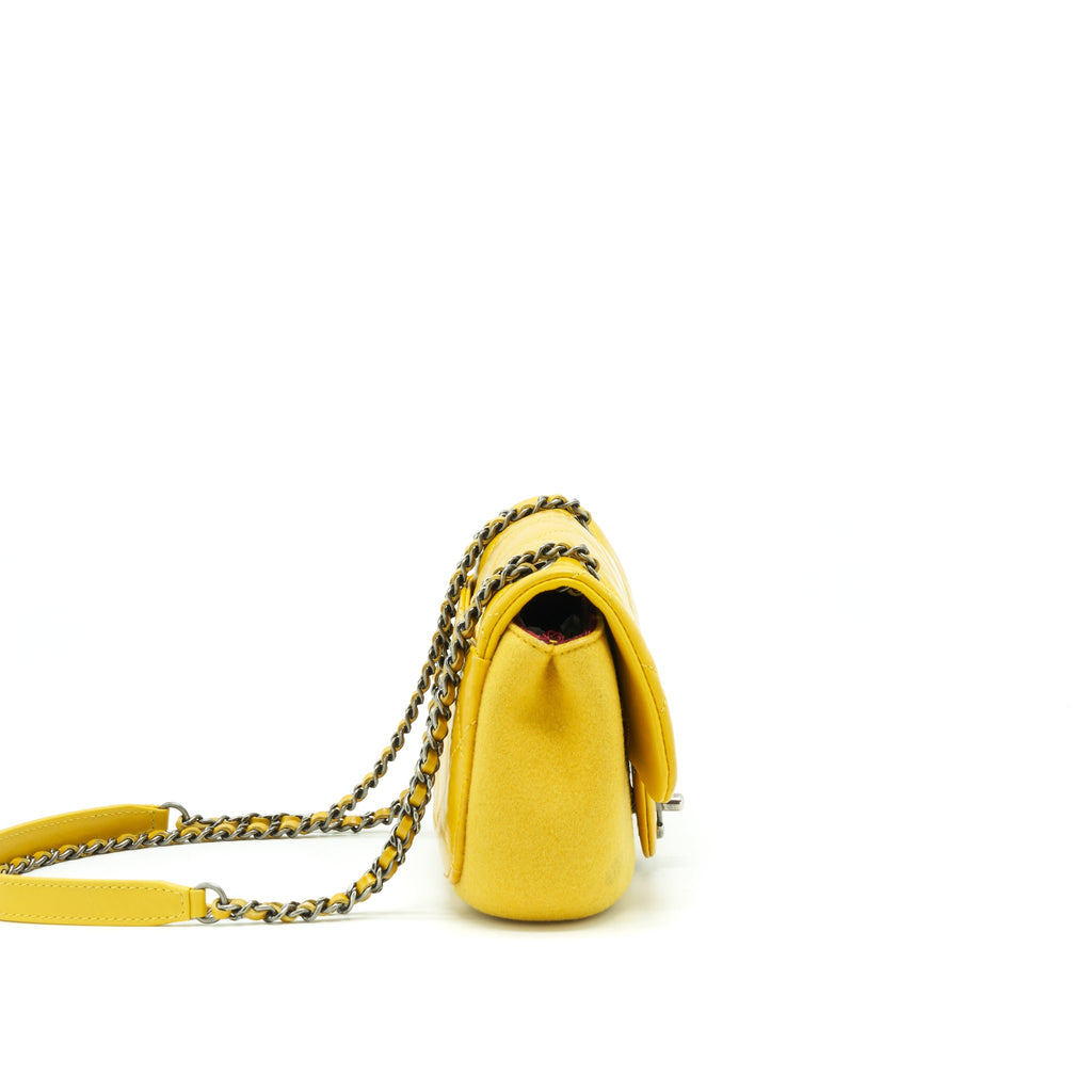 CHANEL SEASONAL LIMITED FLAP BAG LEATHER AND FABRIC YELLOW WITH RUTHENIUM HARDWARE