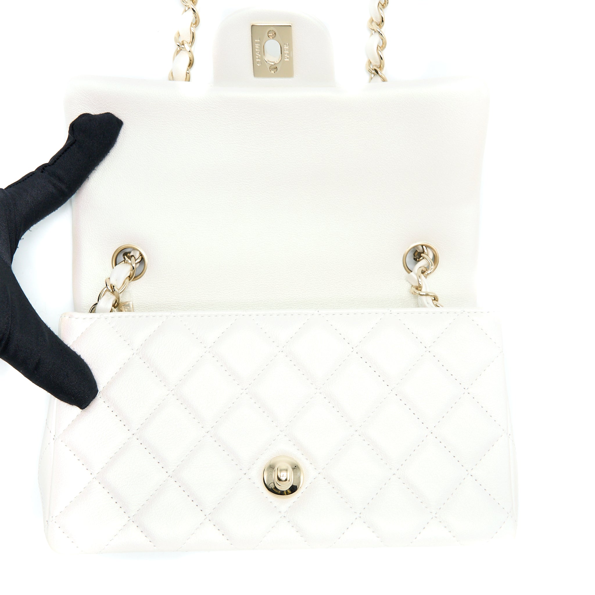 CHANEL CLASSIC MINI RECTANGULAR FLAP BAG CALFSKIN IRIDESCENT WHITE LGHW