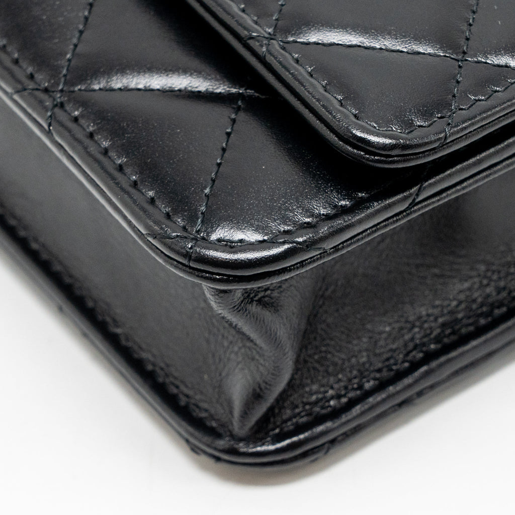 CHANEL GOLD CRUSH WALLET ON CHAIN CALFSKIN BLACK GHW (MICROCHIP)