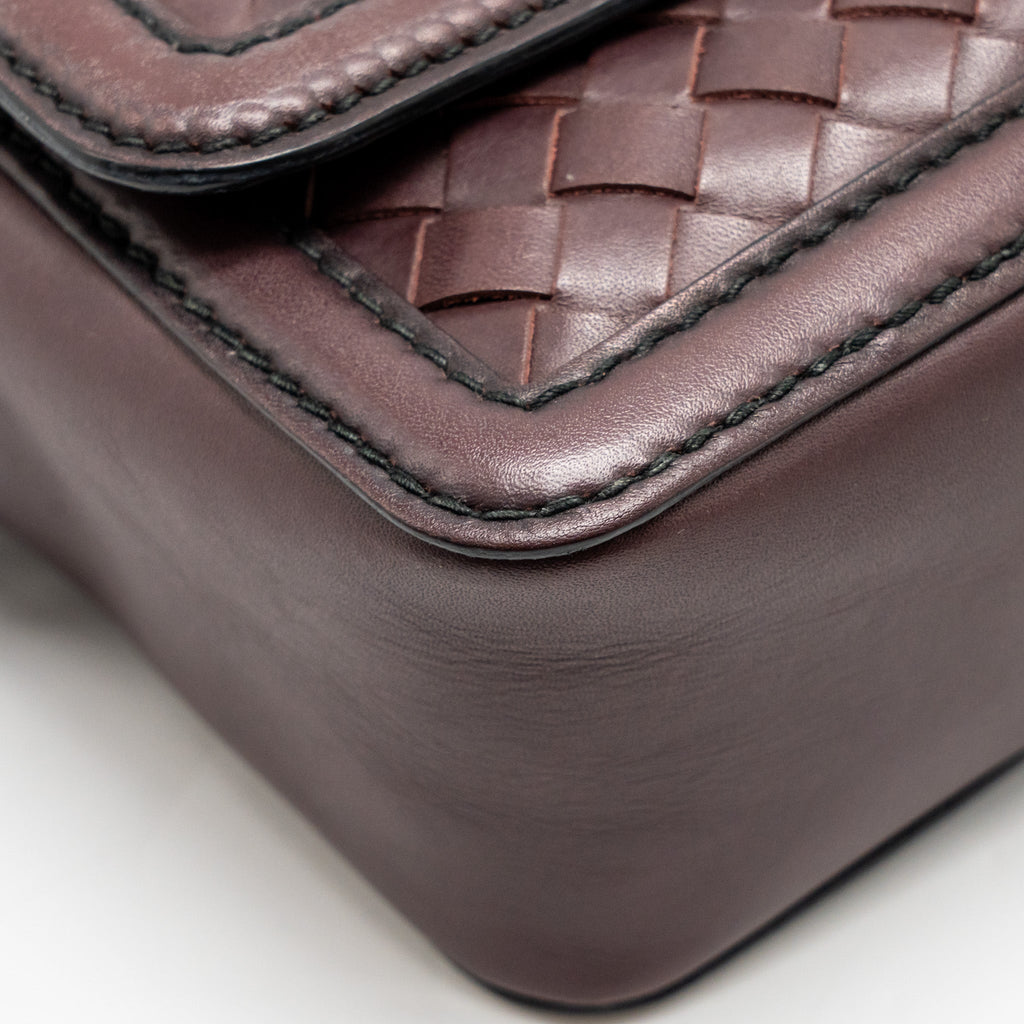 BOTTEGA VENETA MINI INTRECCIATO FLAP BAG LEATHER DARK BROWN WITH BLACK HARDWARE