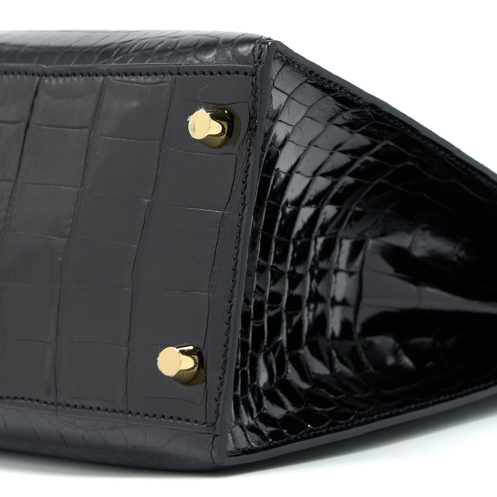 HERMES KELLY 28 SELLIER SHINY NILOTICUS CROCODILE BLACK GHW