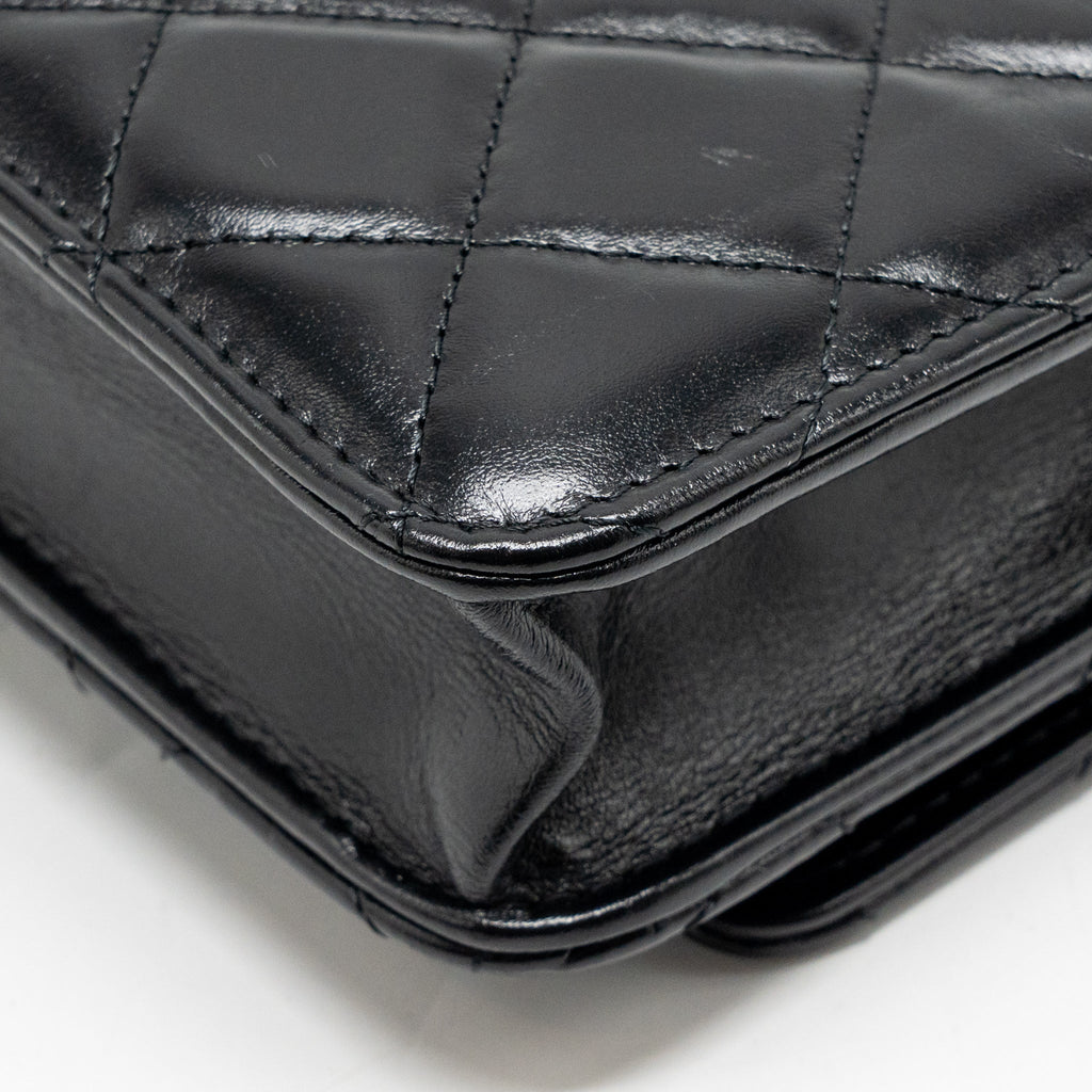 CHANEL GOLD CRUSH WALLET ON CHAIN CALFSKIN BLACK GHW (MICROCHIP)